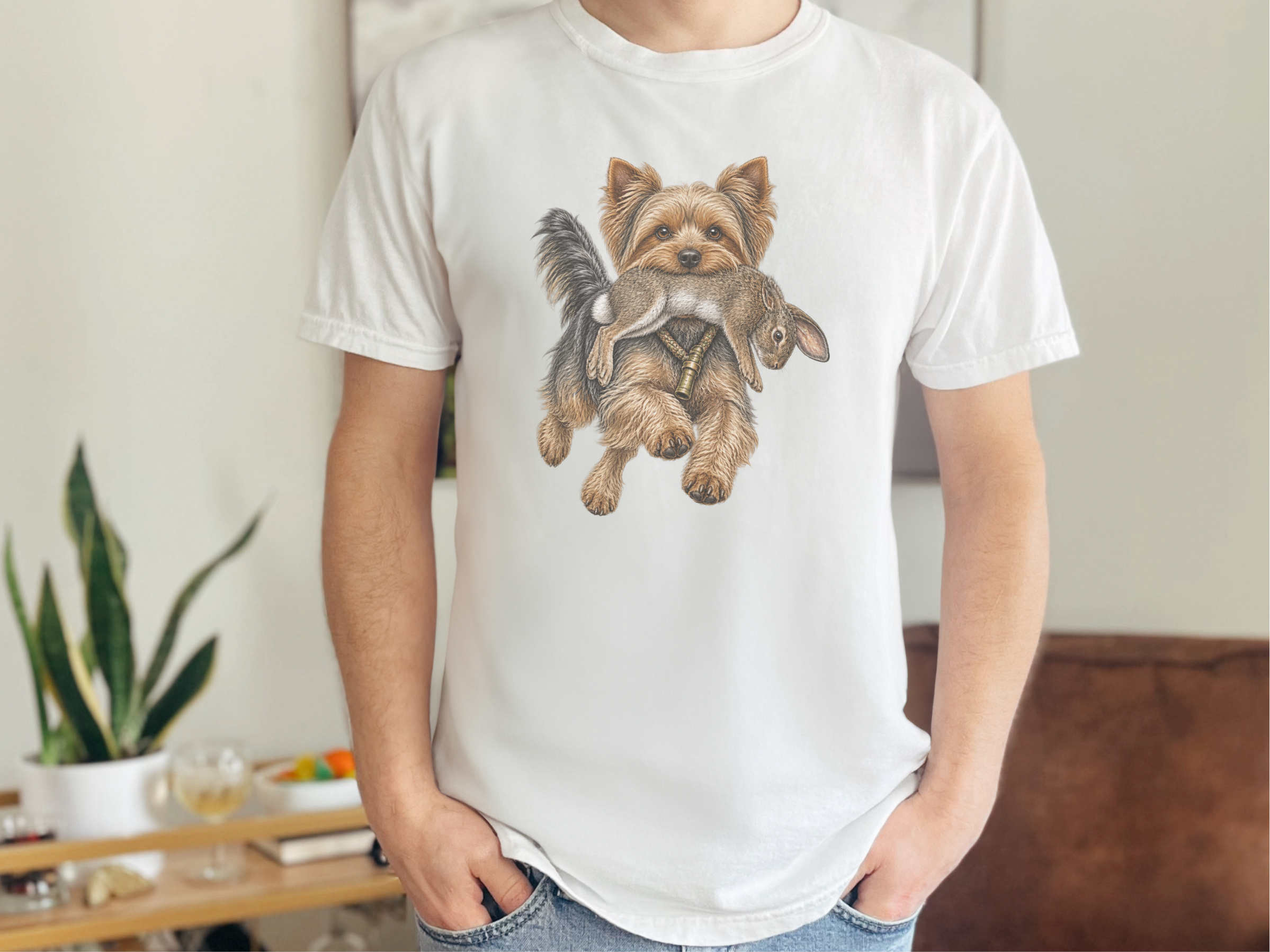 Vintage Yorkie Carrying Rabbit doodle dog shirt - photo 1