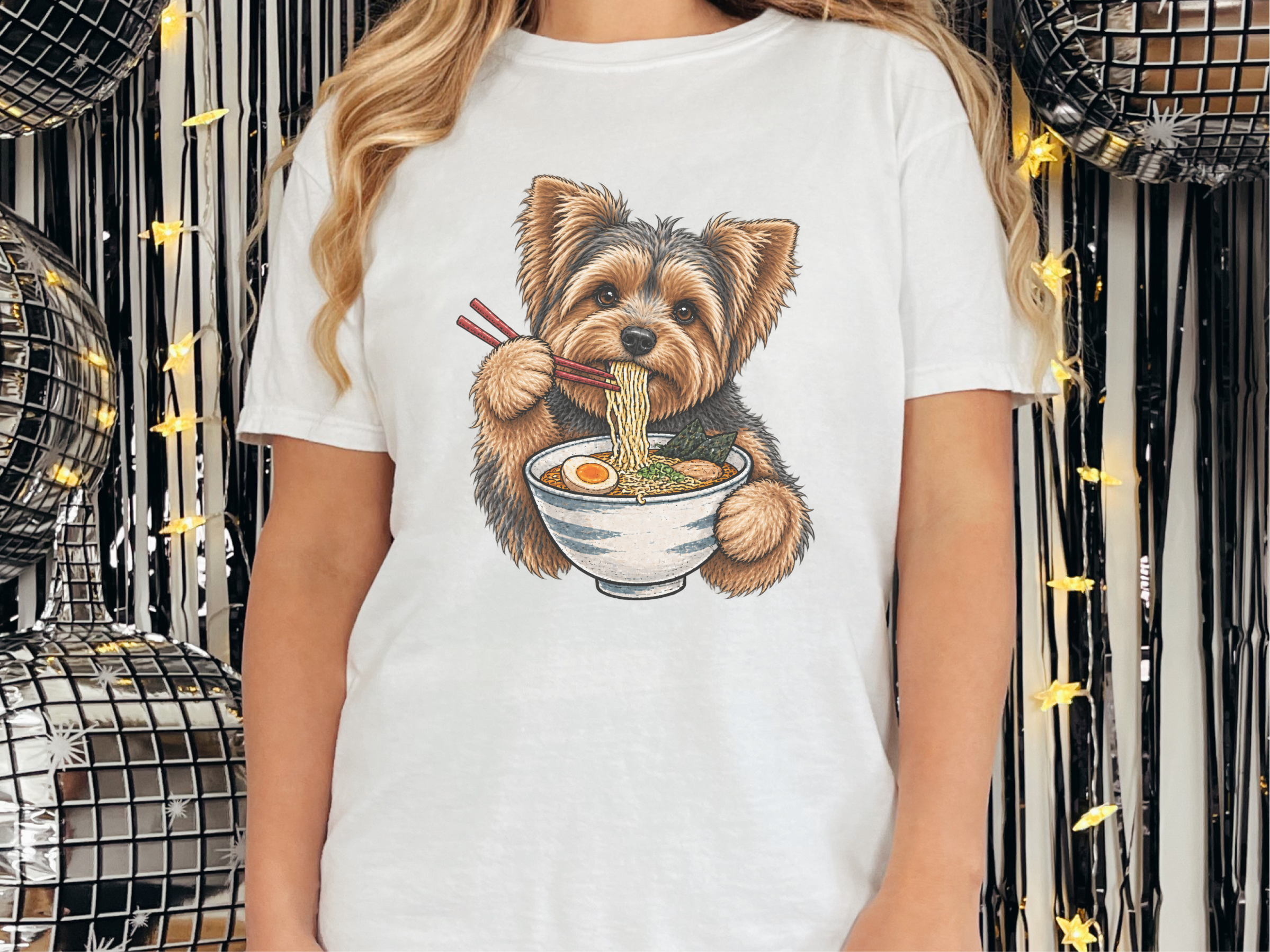 Yorkie Eating Ramen Bowl doodle dog shirt - photo 2