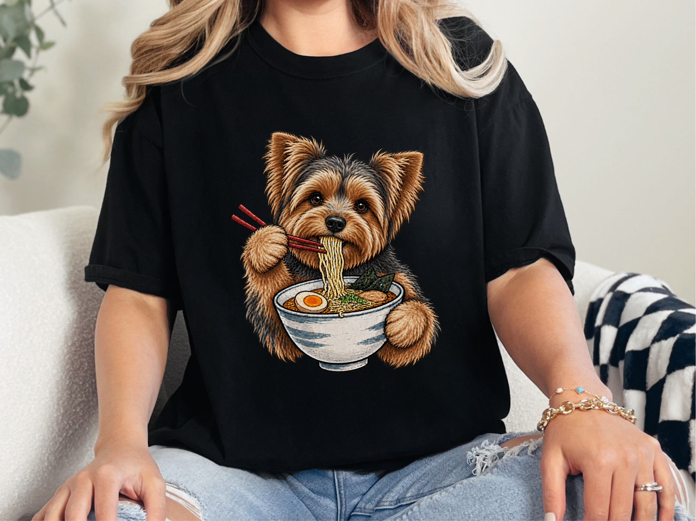 Yorkie Eating Ramen Bowl doodle dog shirt - photo 3