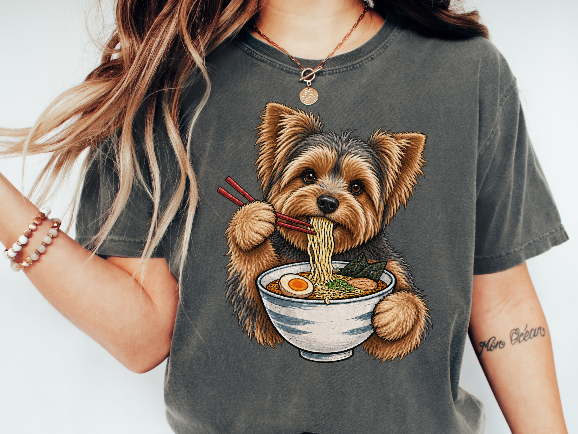 Yorkie Eating Ramen Bowl doodle dog shirt - photo 1