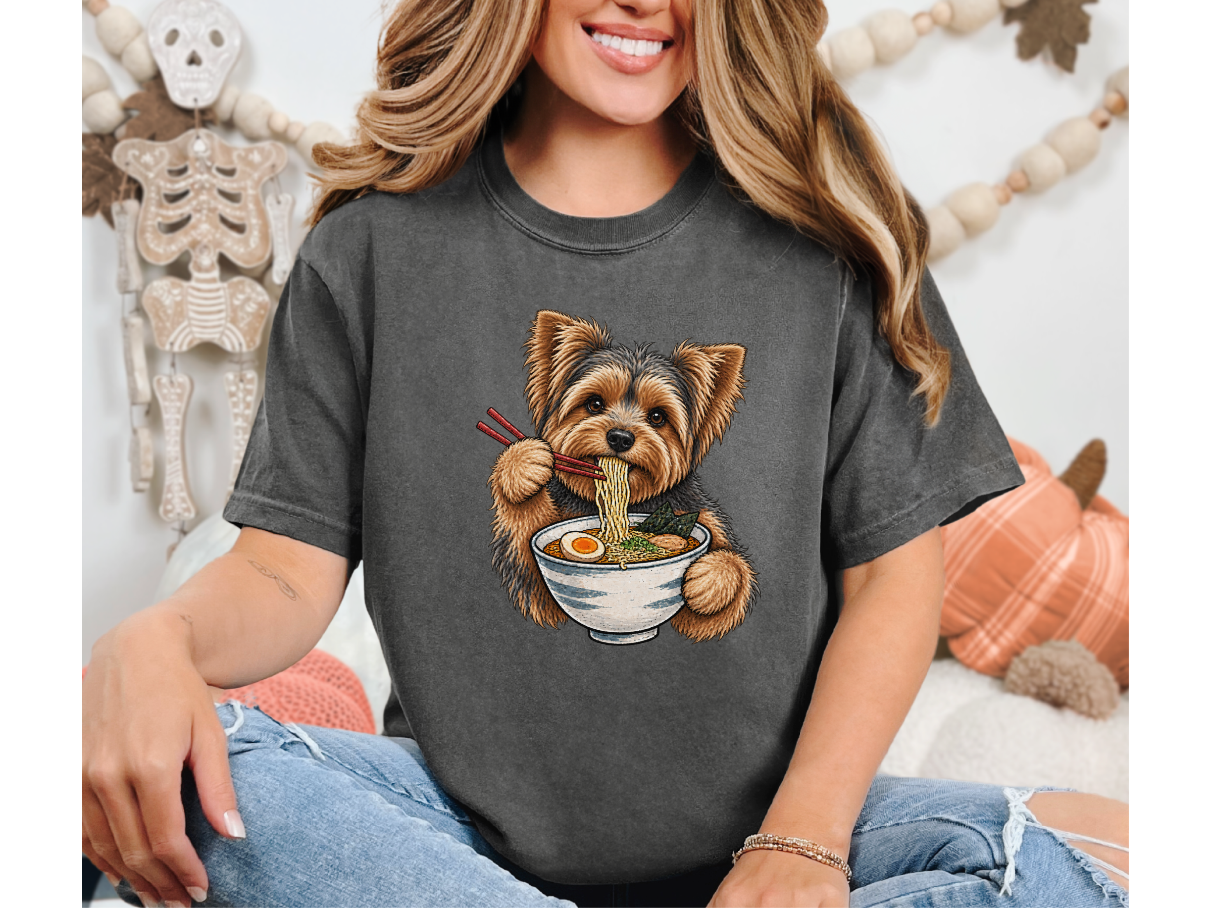 Yorkie Eating Ramen Bowl doodle dog shirt - photo 5