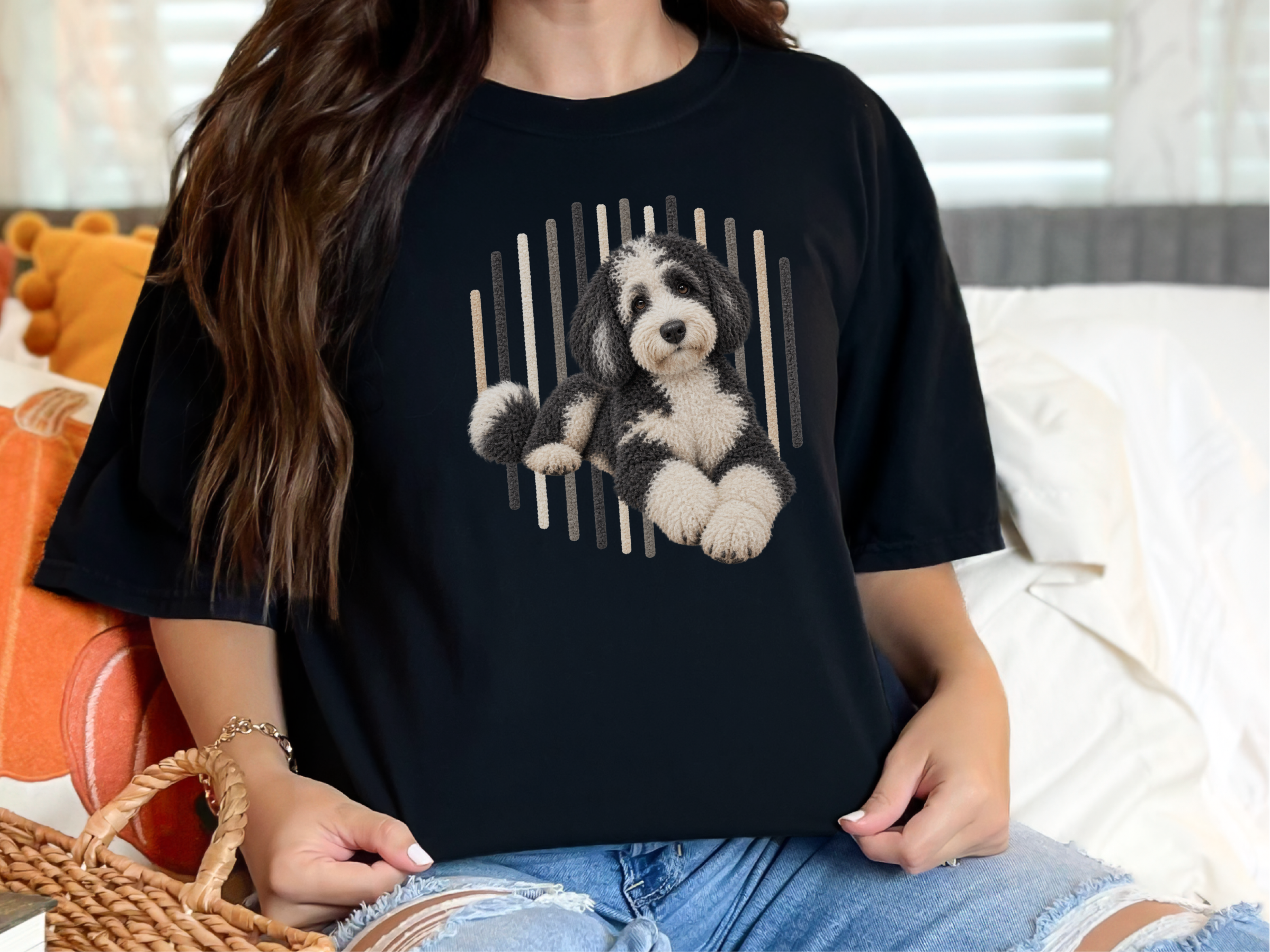 Sheepadoodle Vertical Stripe Portrait doodle dog shirt - photo 2