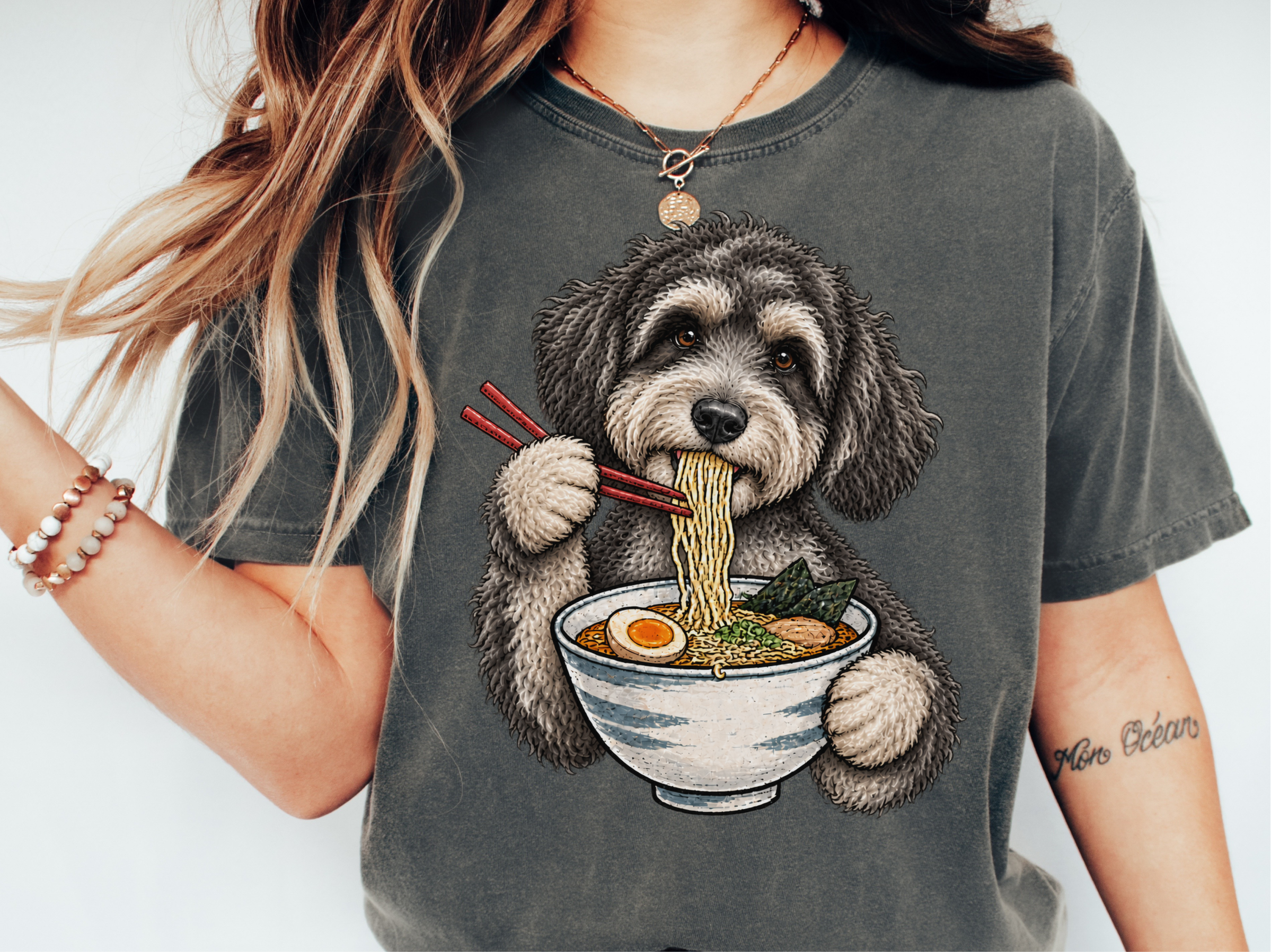 Schnoodle Eating Ramen Noodles doodle dog shirt - photo 1