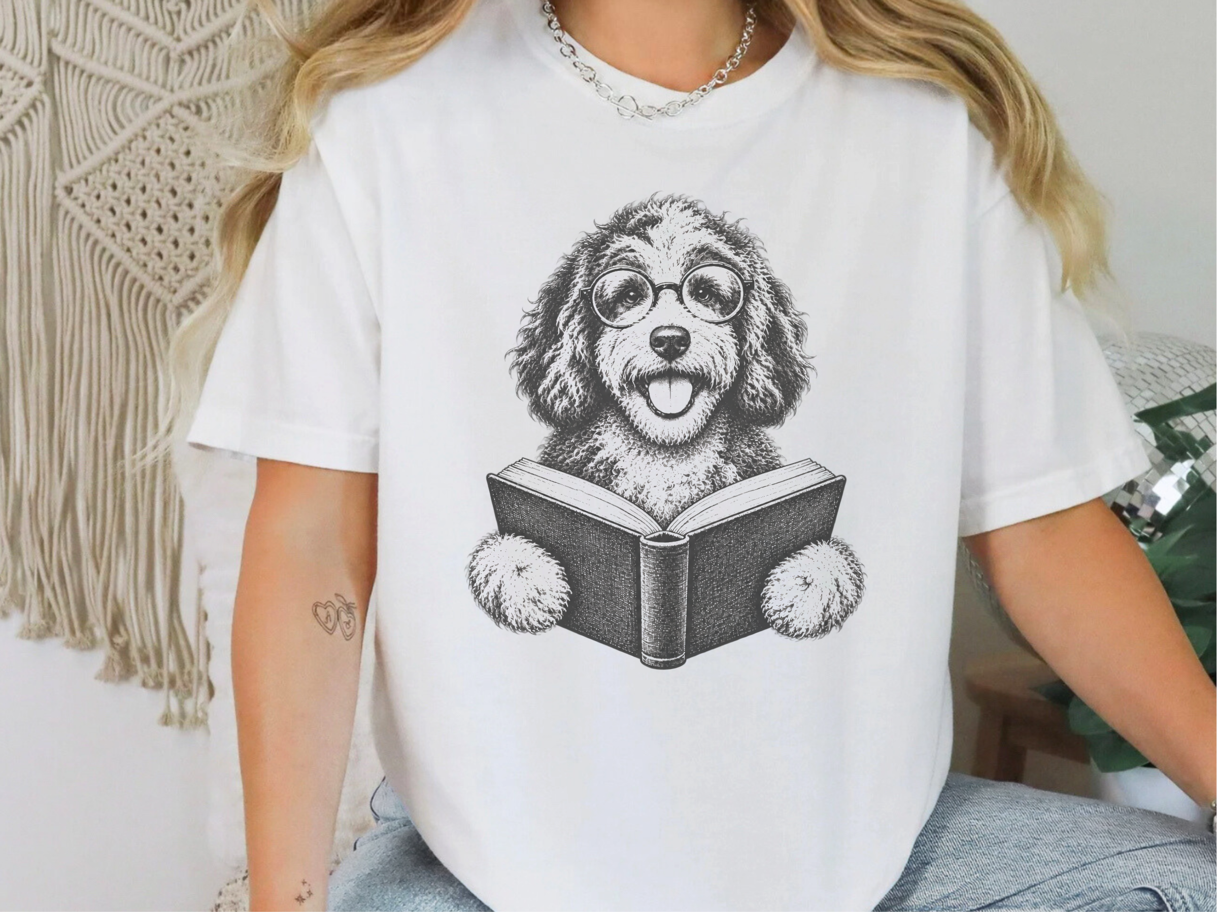 Aussiedoodle Reading Book Shirt Vintage Dog Tee Book Lover Gift