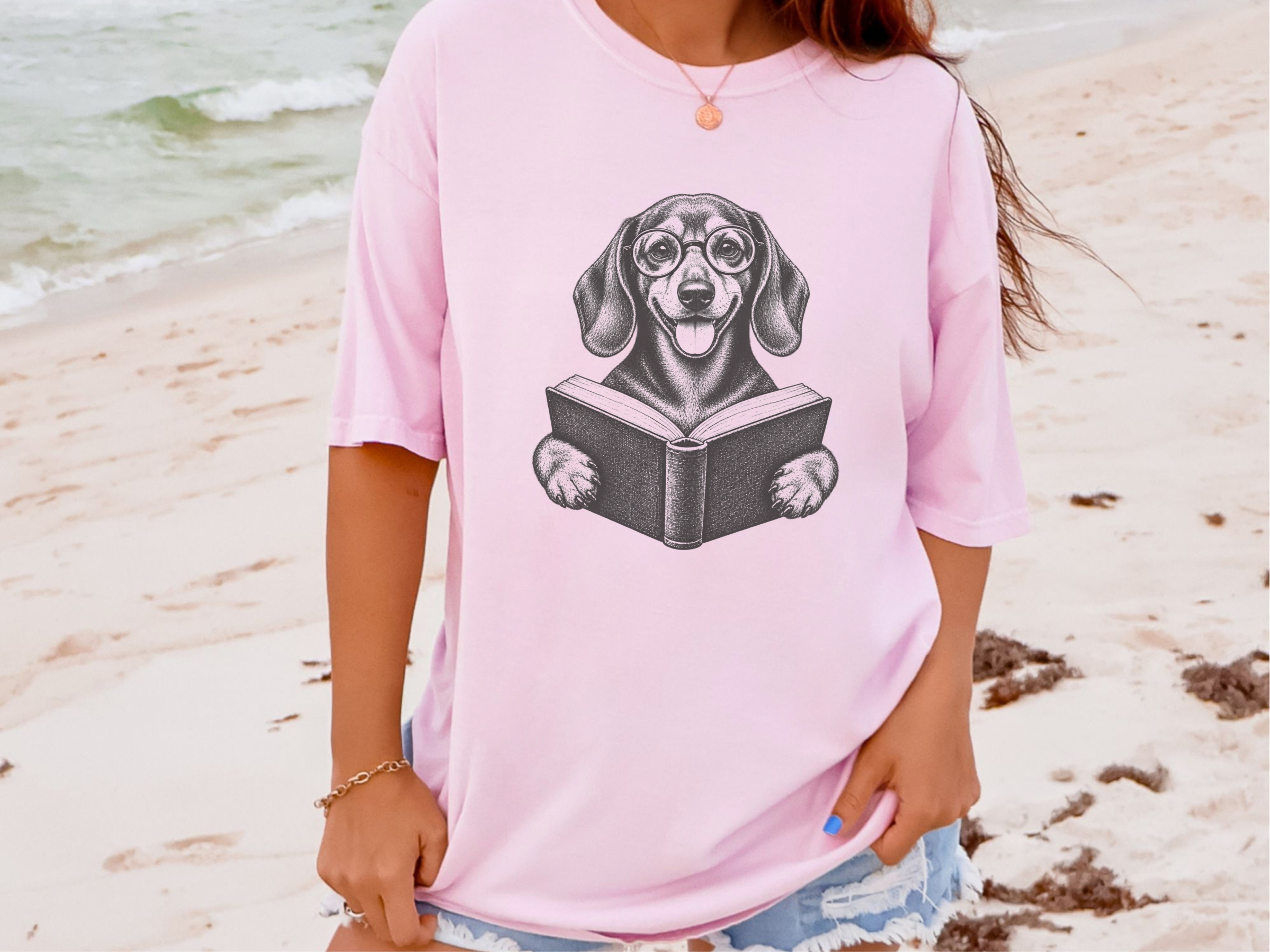 Reading Dachshund With Glasses doodle dog shirt - photo 6