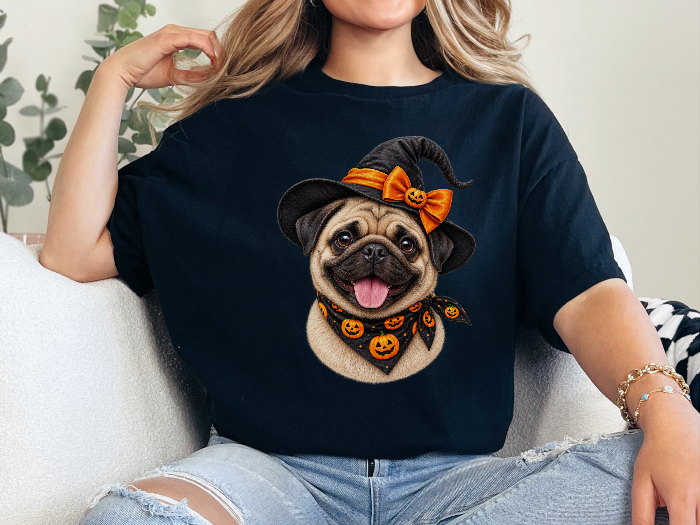Halloween Pug Witch Portrait doodle dog shirt - photo 3