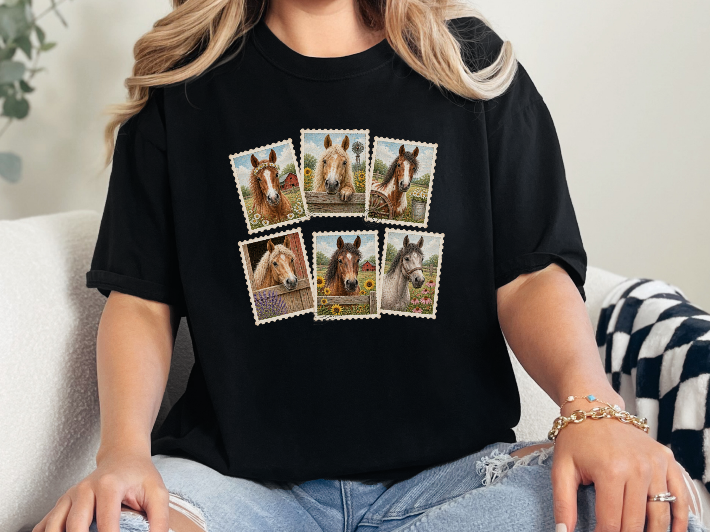 Vintage Horse Postage Stamp Collage funny shirt - photo 2