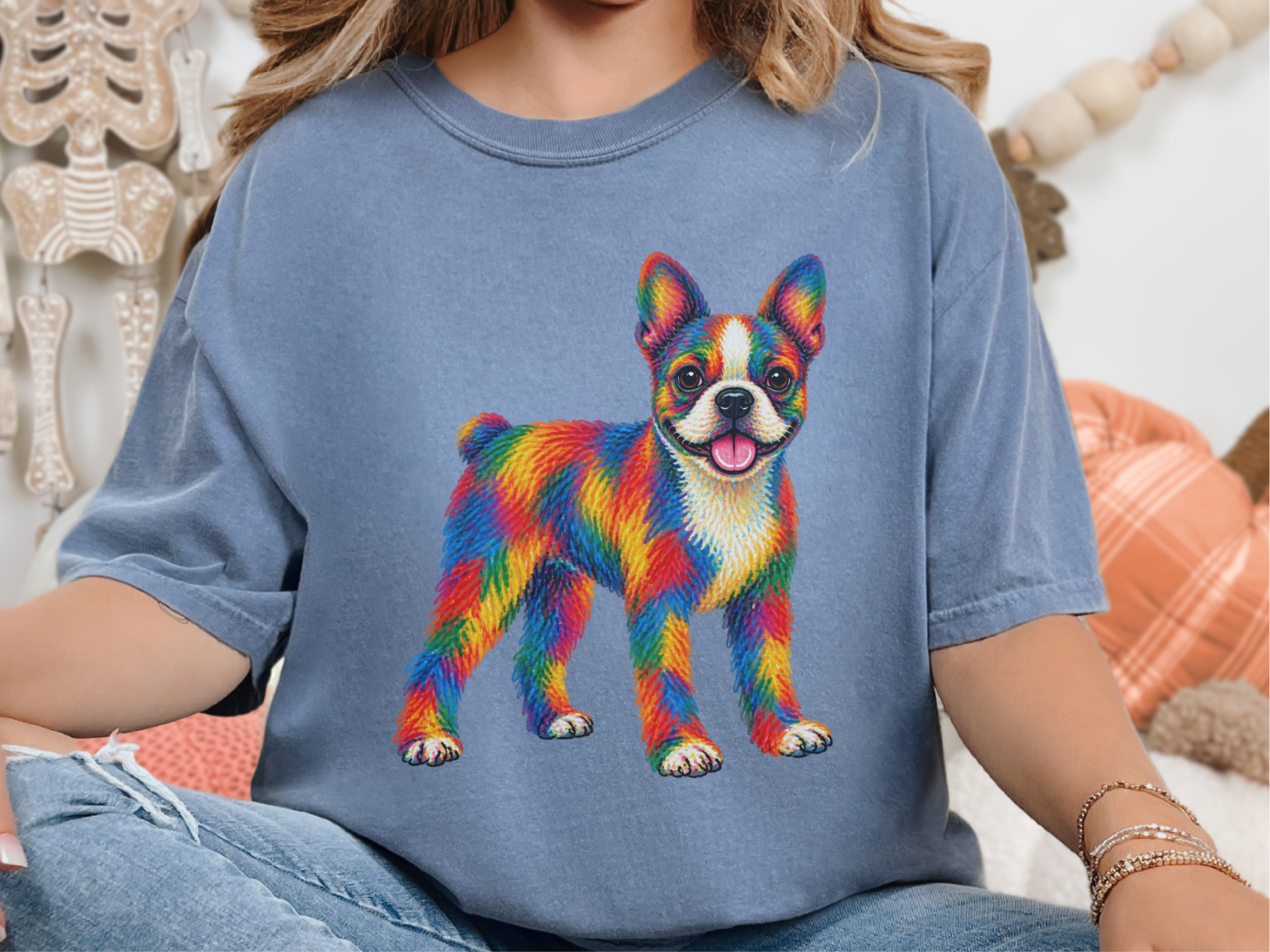 Colorful Rainbow Boston Terrier doodle dog shirt - photo 7