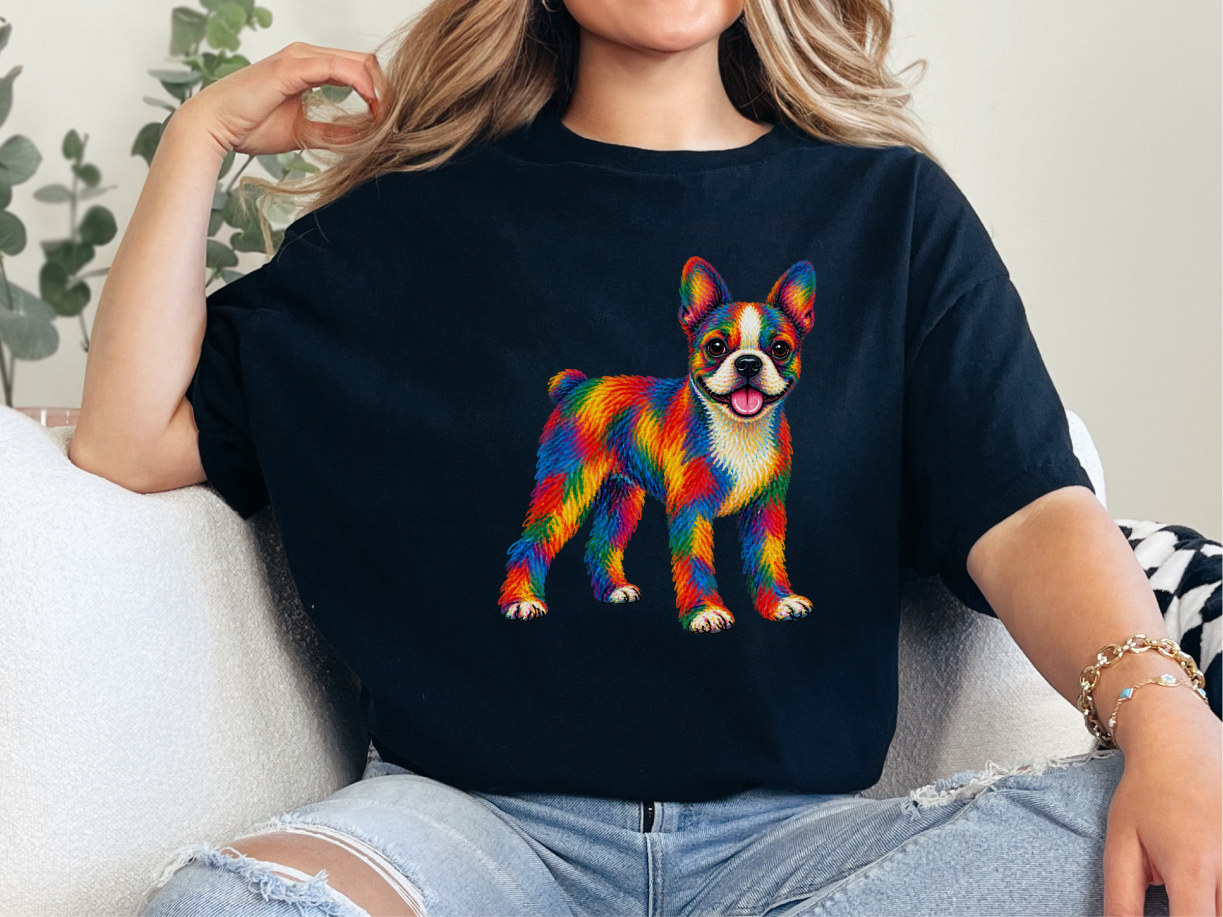 Colorful Rainbow Boston Terrier doodle dog shirt - photo 3