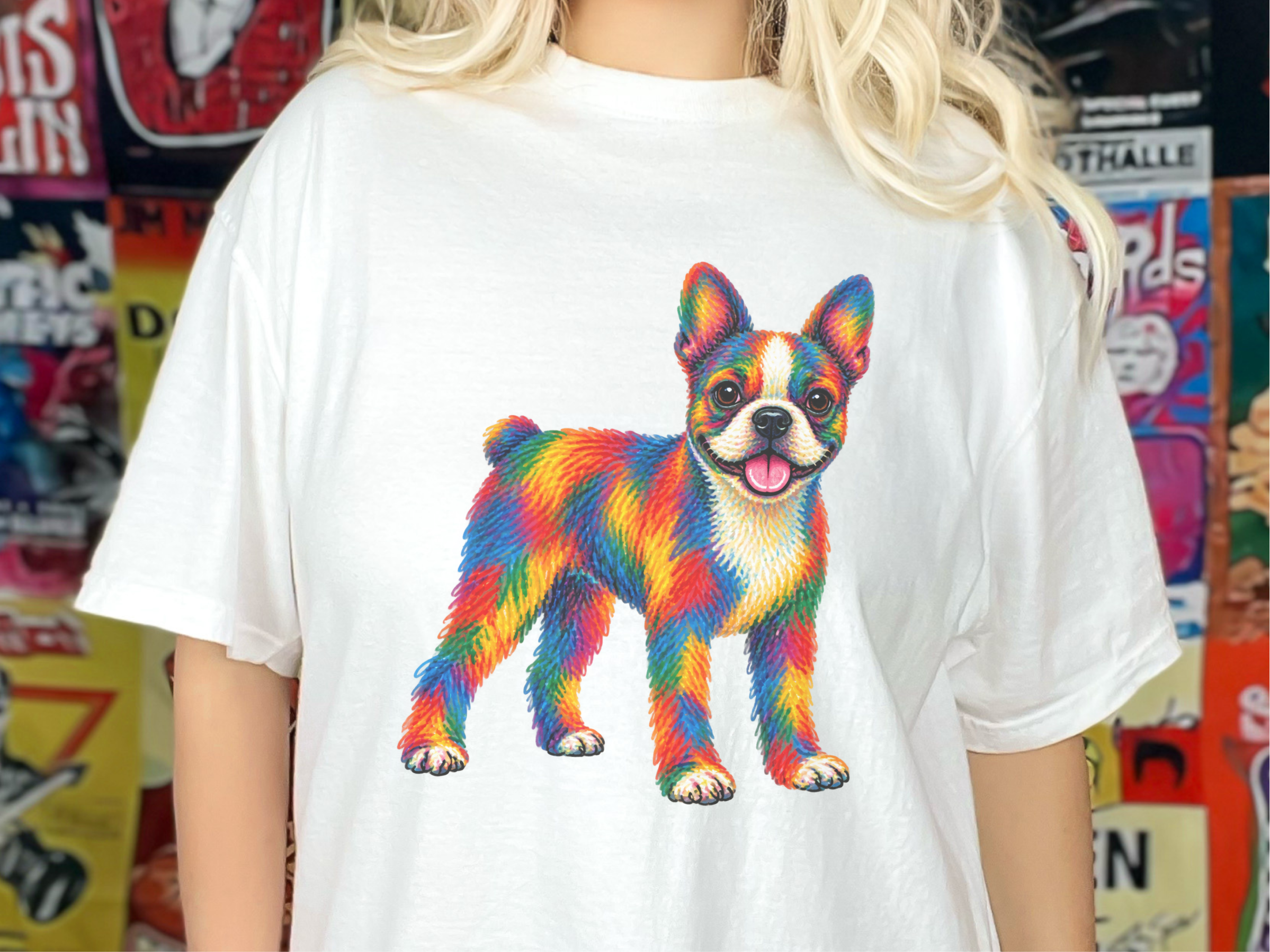 Colorful Rainbow Boston Terrier doodle dog shirt - photo 1