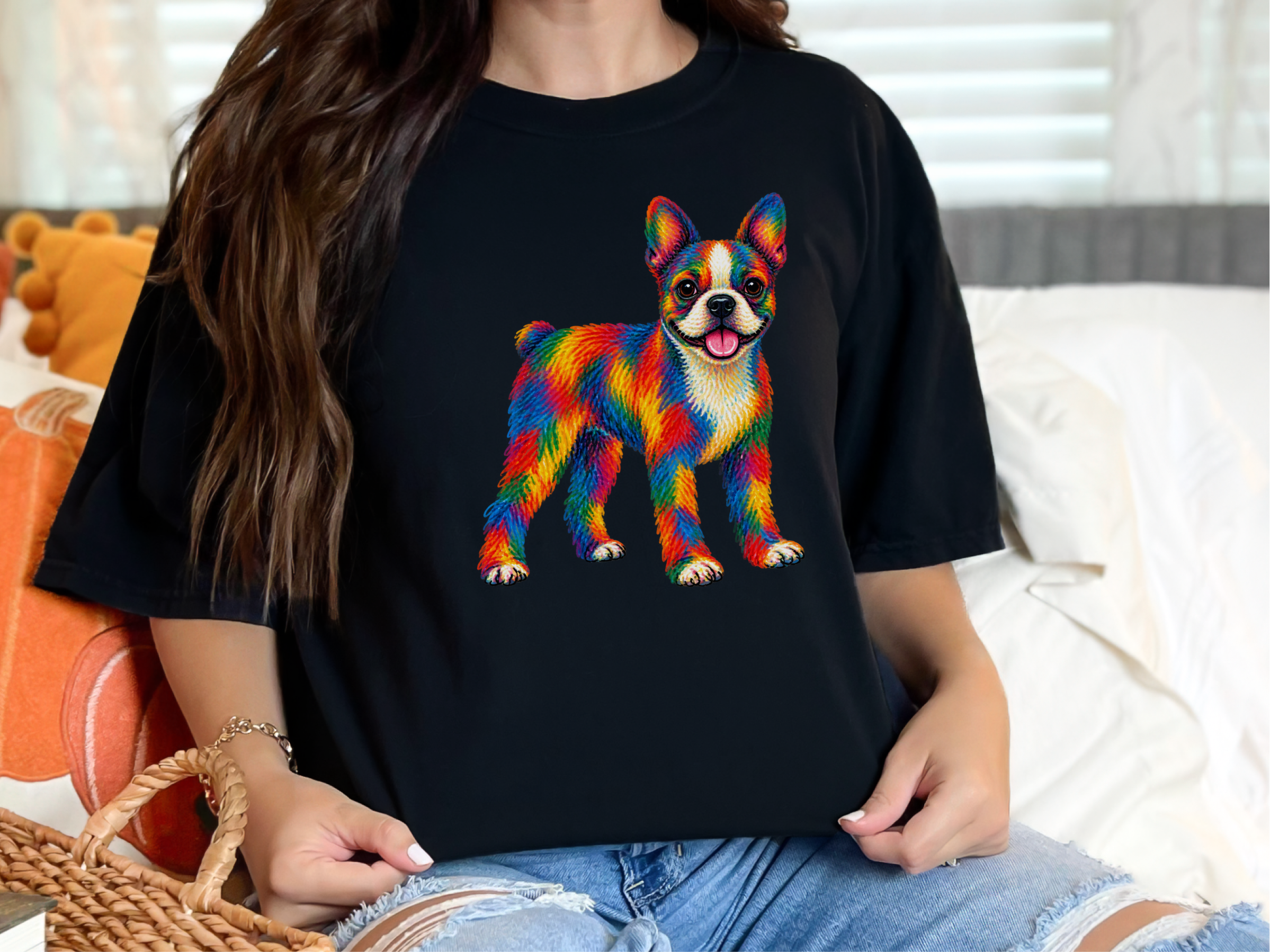 Colorful Rainbow Boston Terrier doodle dog shirt - photo 2