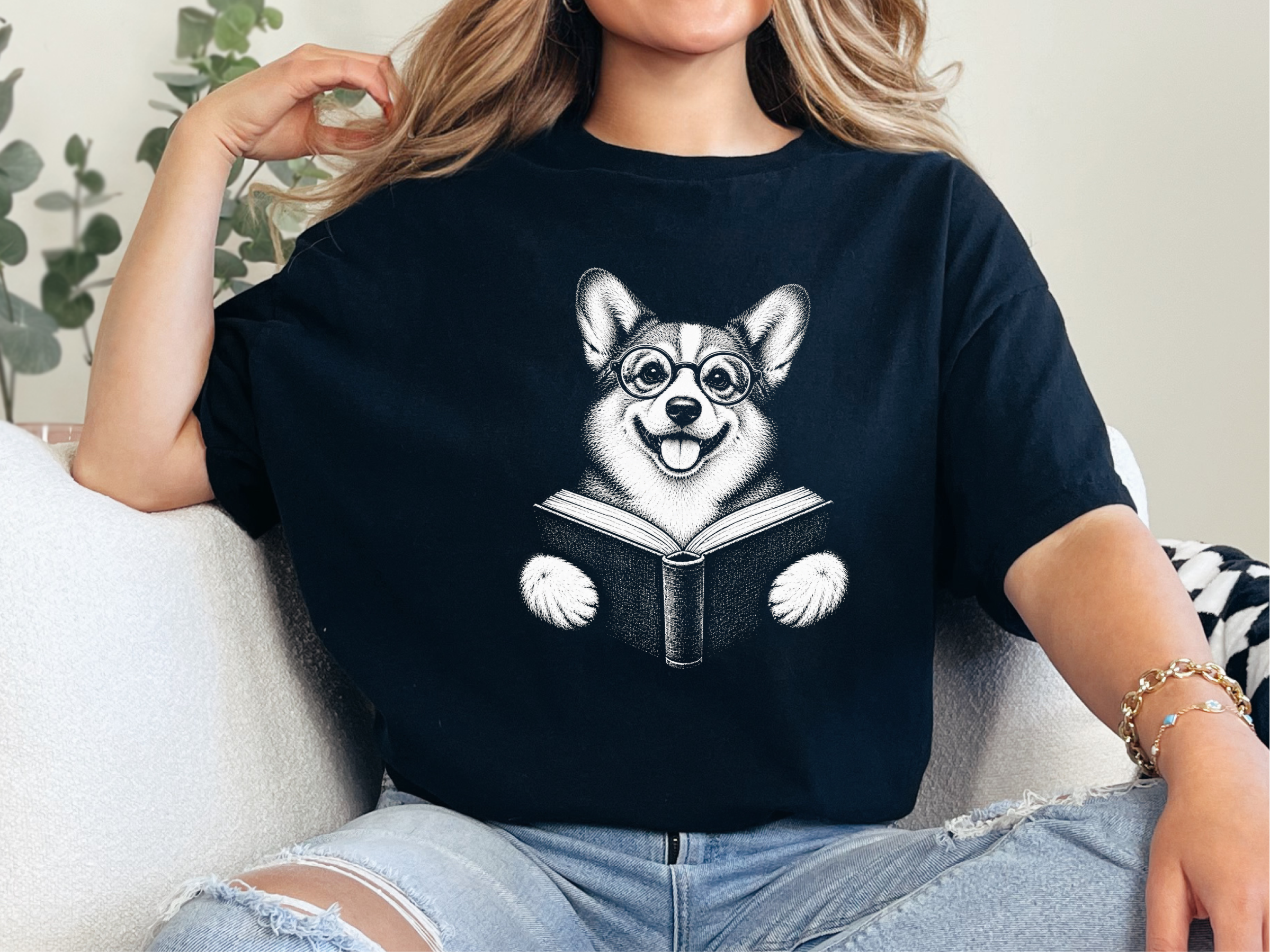 Reading Corgi With Glasses doodle dog shirt - photo 3