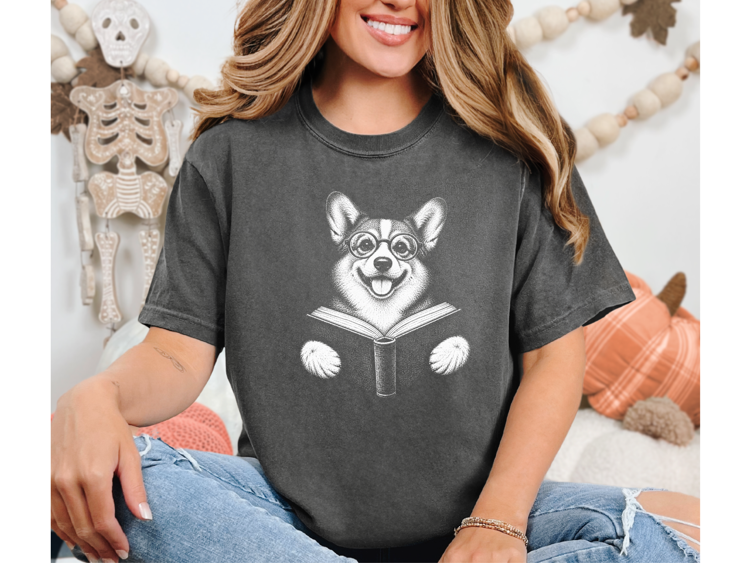 Reading Corgi With Glasses doodle dog shirt - photo 5