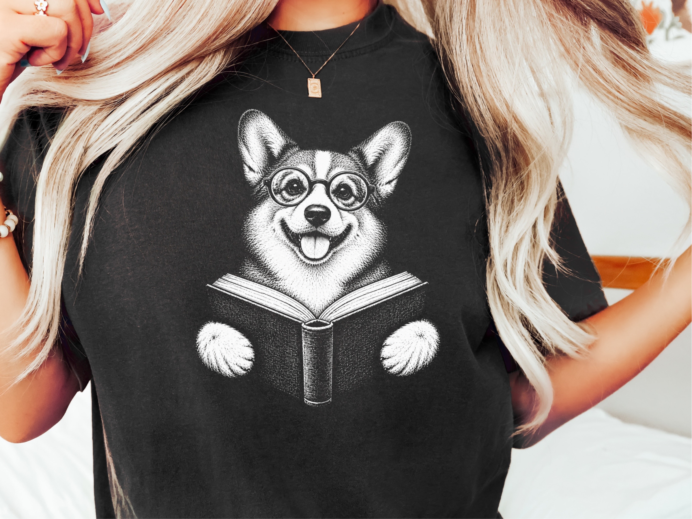 Reading Corgi With Glasses doodle dog shirt - photo 1