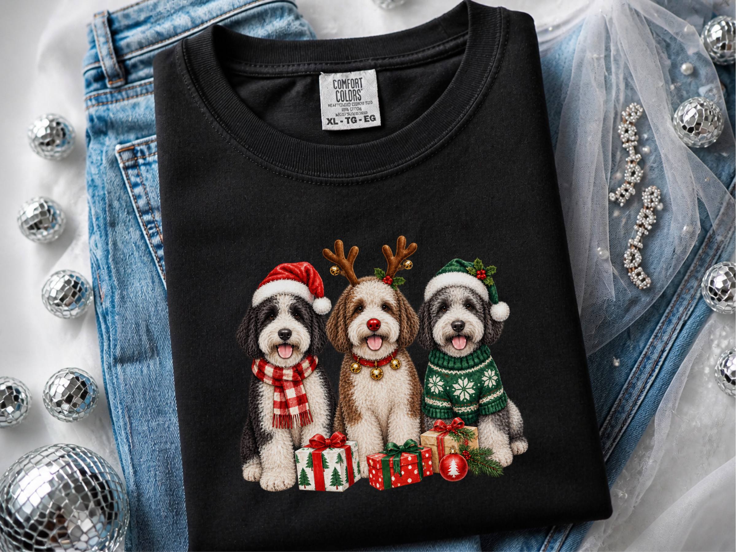 Three Sheepadoodle Christmas Dogs