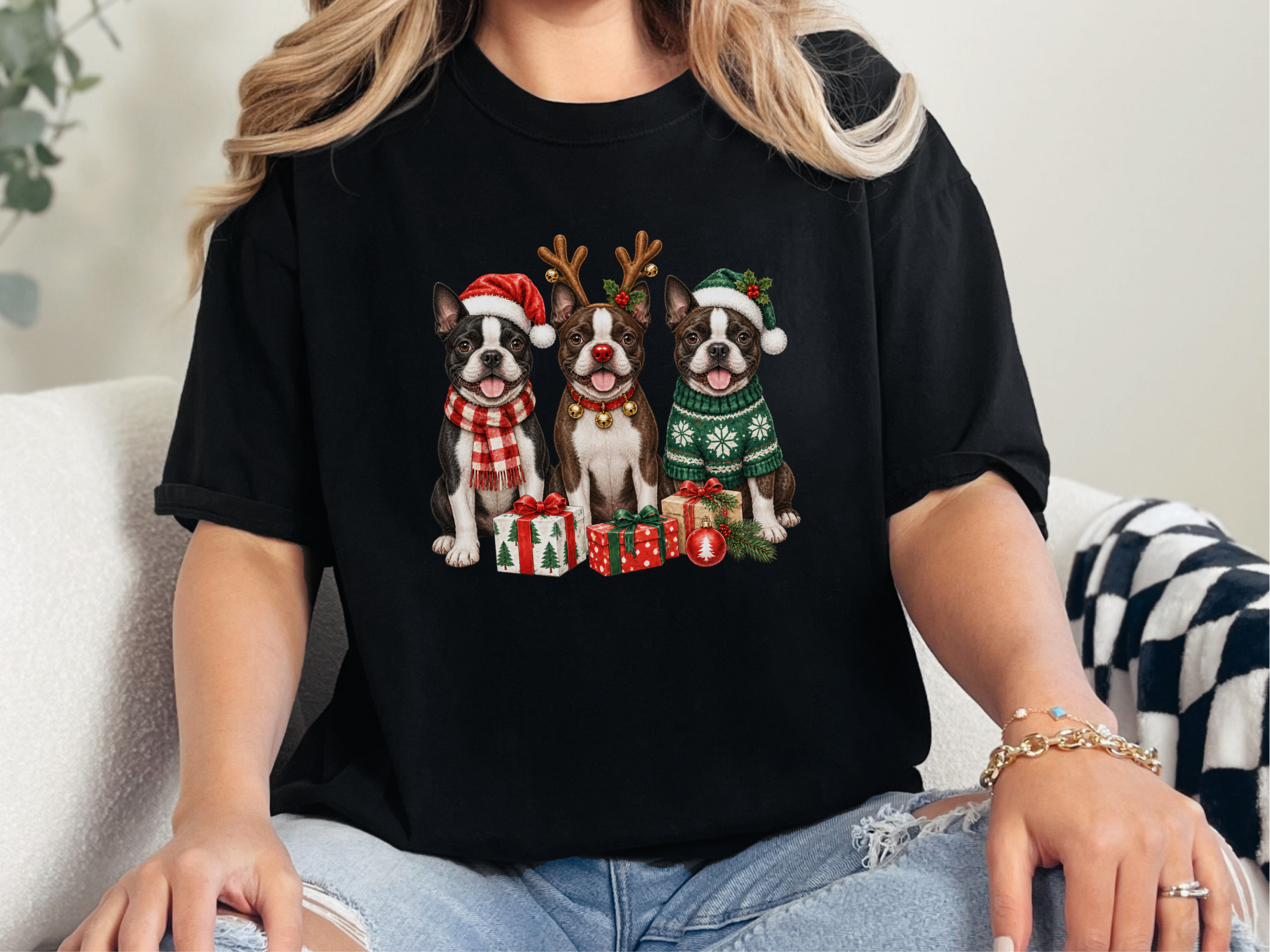 Three Boston Terriers Christmas