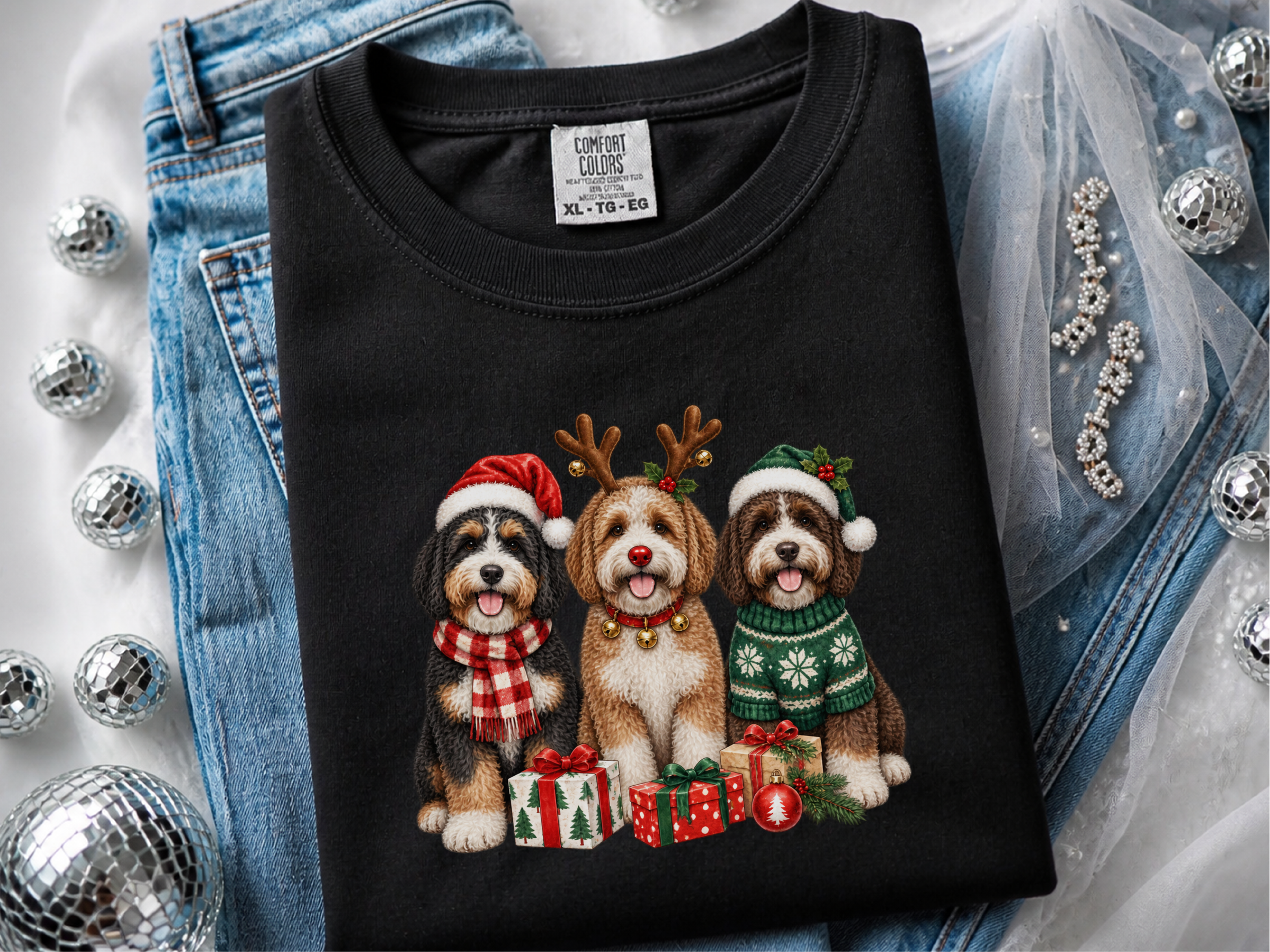 Christmas Bernedoodle Dogs Trio