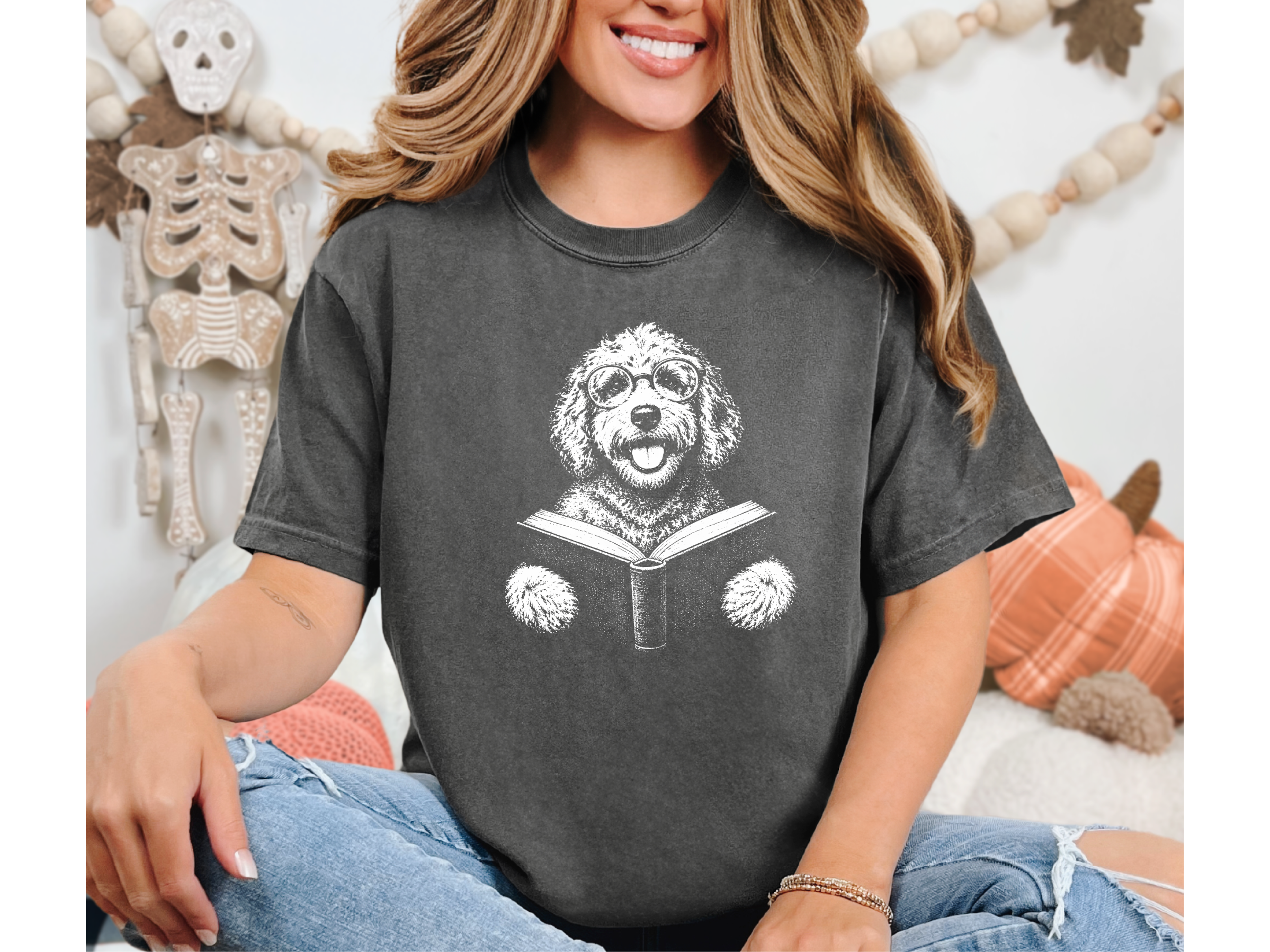 Reading Doodle Dog Open Mouth Round Glasses doodle dog shirt - photo 4
