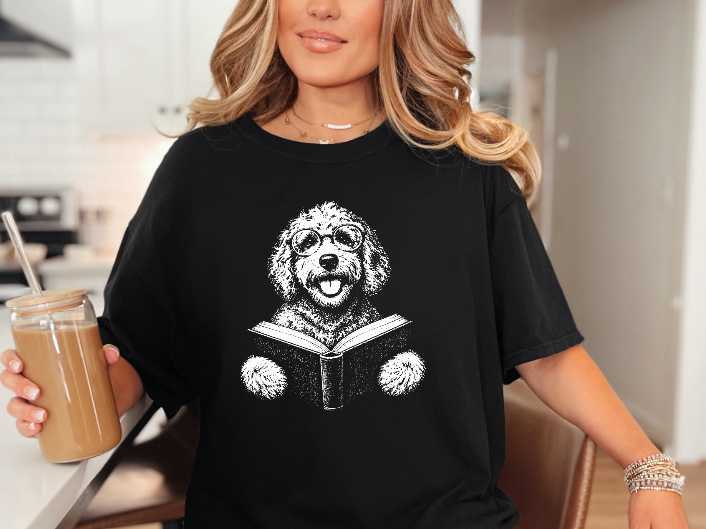Reading Doodle Dog Open Mouth Round Glasses Goldendoodle Shirt