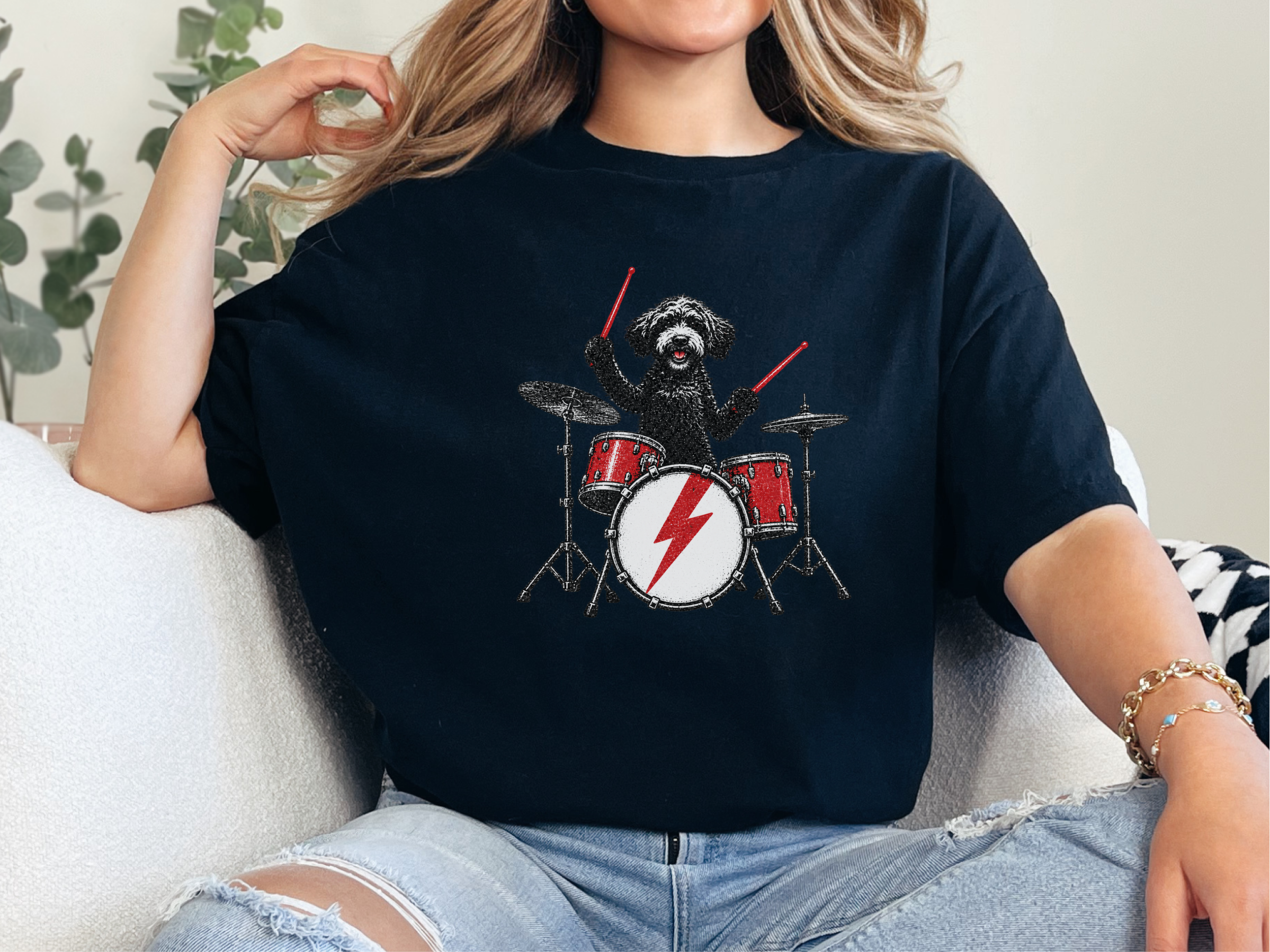 Black Doodle Rocker Drummer doodle dog shirt - photo 1