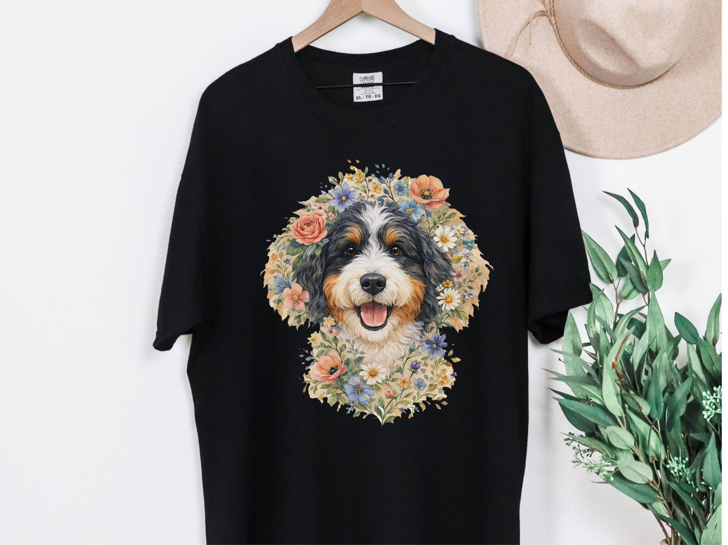 Comfort Colors Bernedoodle Floral Crown Portrait