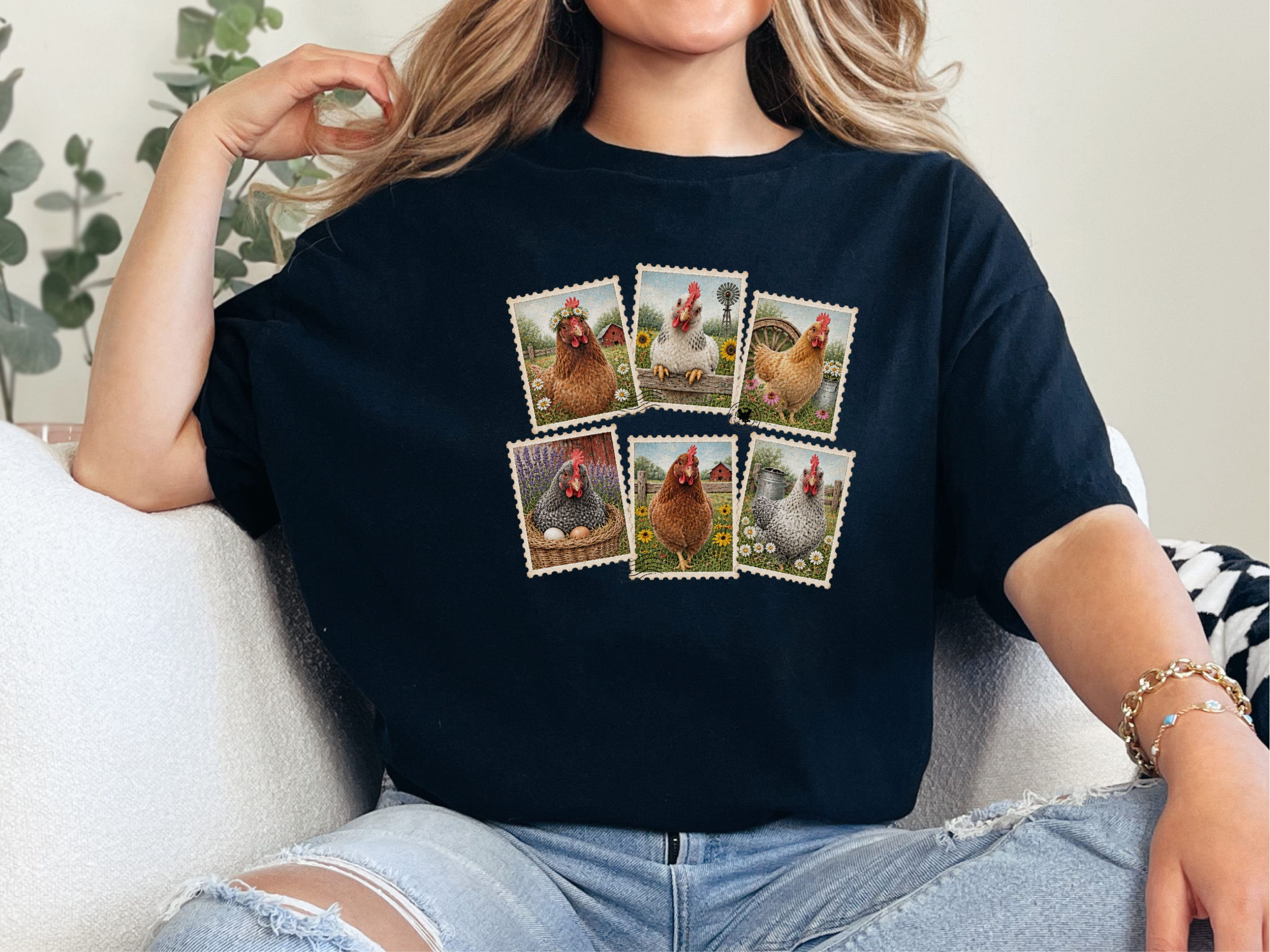Vintage Postage Stamp Chicken Collage funny shirt - photo 3
