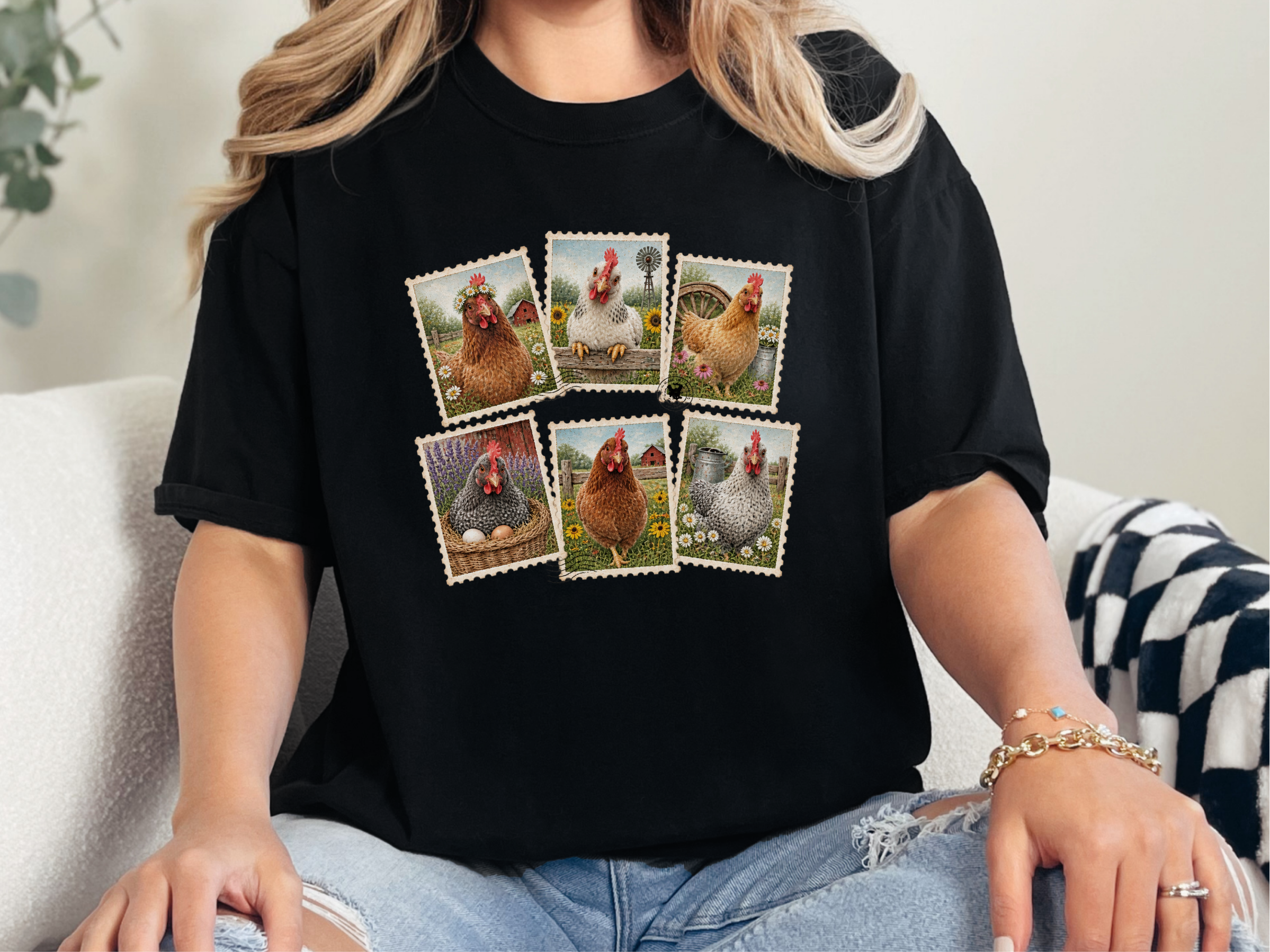 Vintage Postage Stamp Chicken Collage funny shirt - photo 2