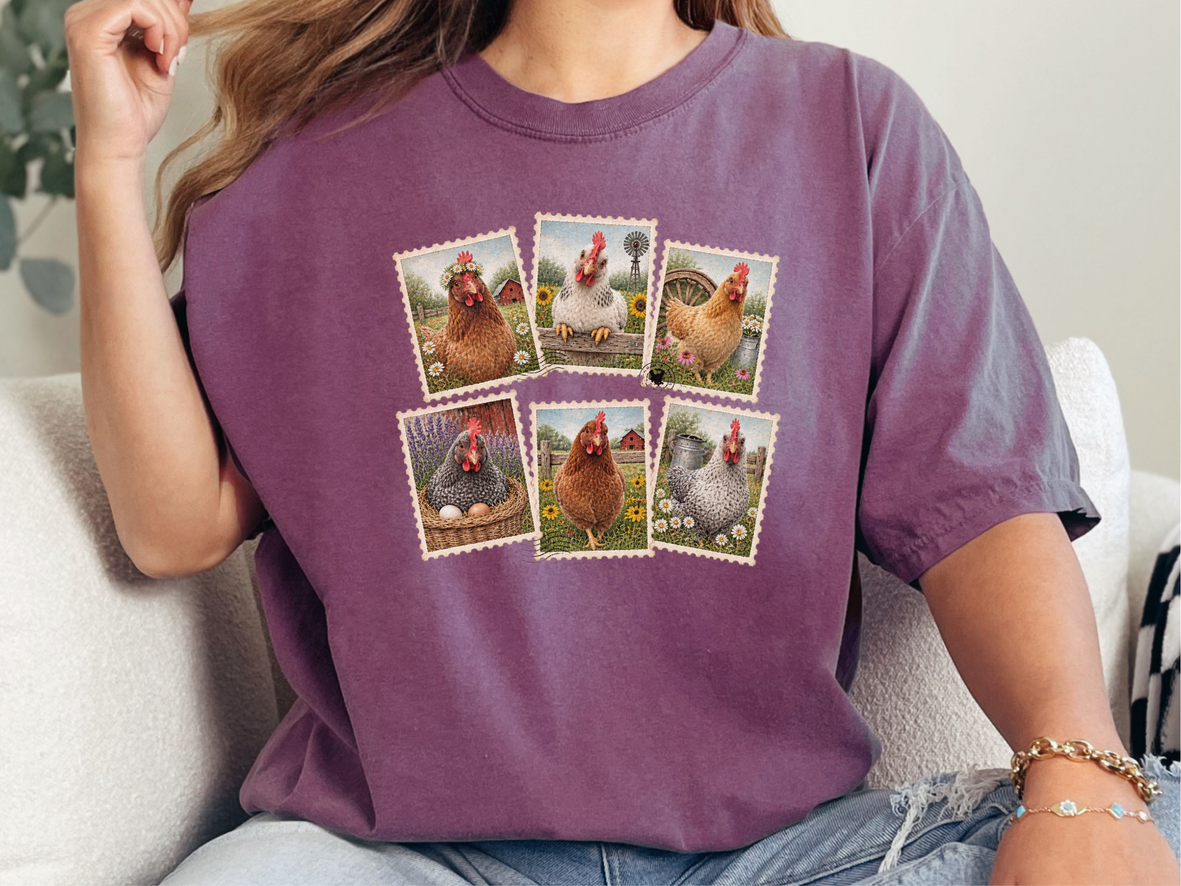 Vintage Postage Stamp Chicken Collage funny shirt - photo 7