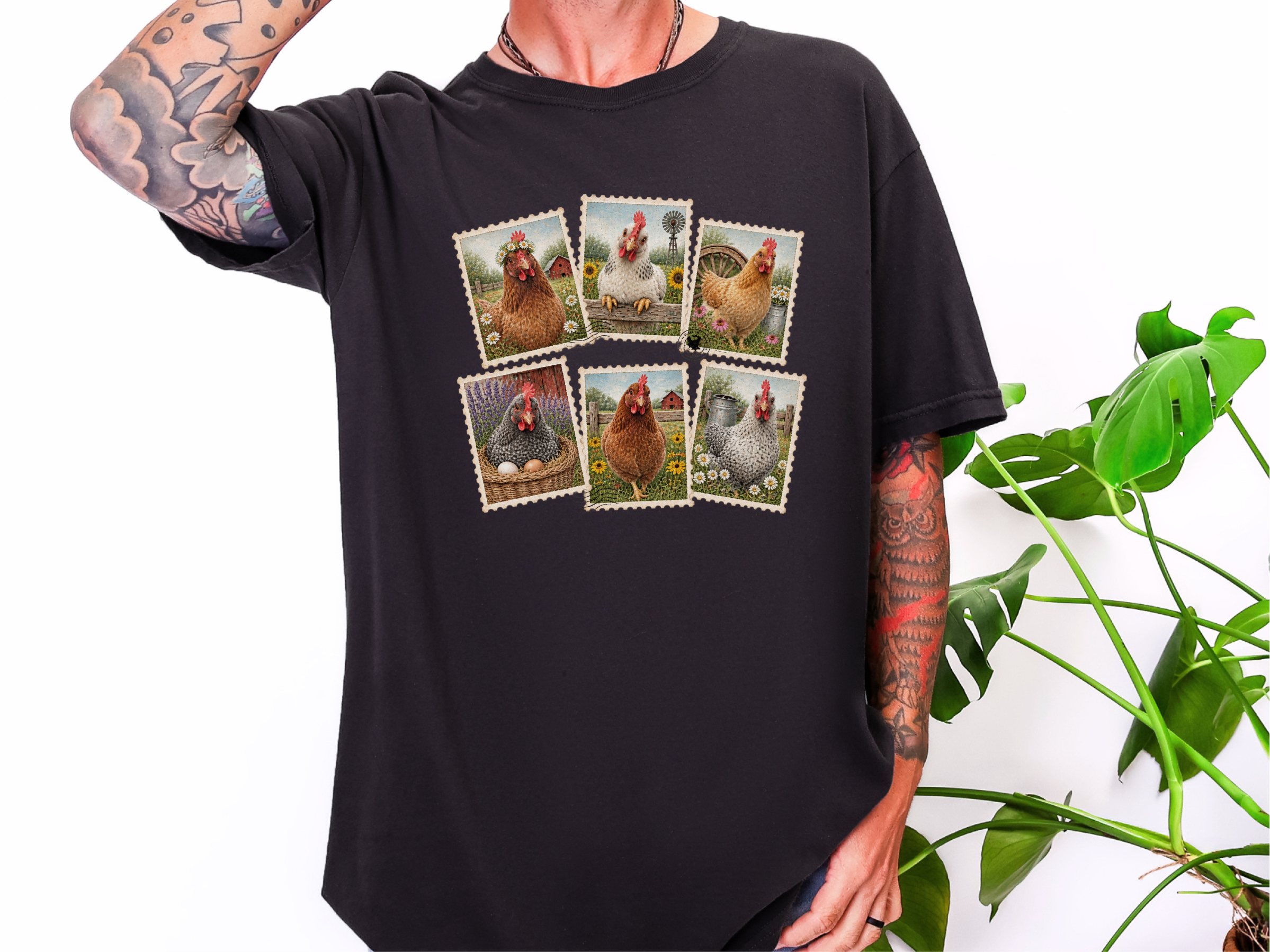 Vintage Postage Stamp Chicken Collage funny shirt - photo 4