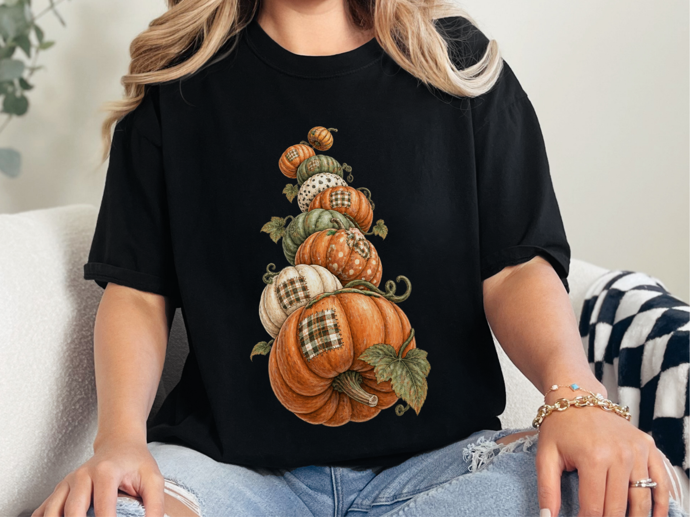 Stacked Patchwork Pumpkins Watercolor funny shirt - photo 4