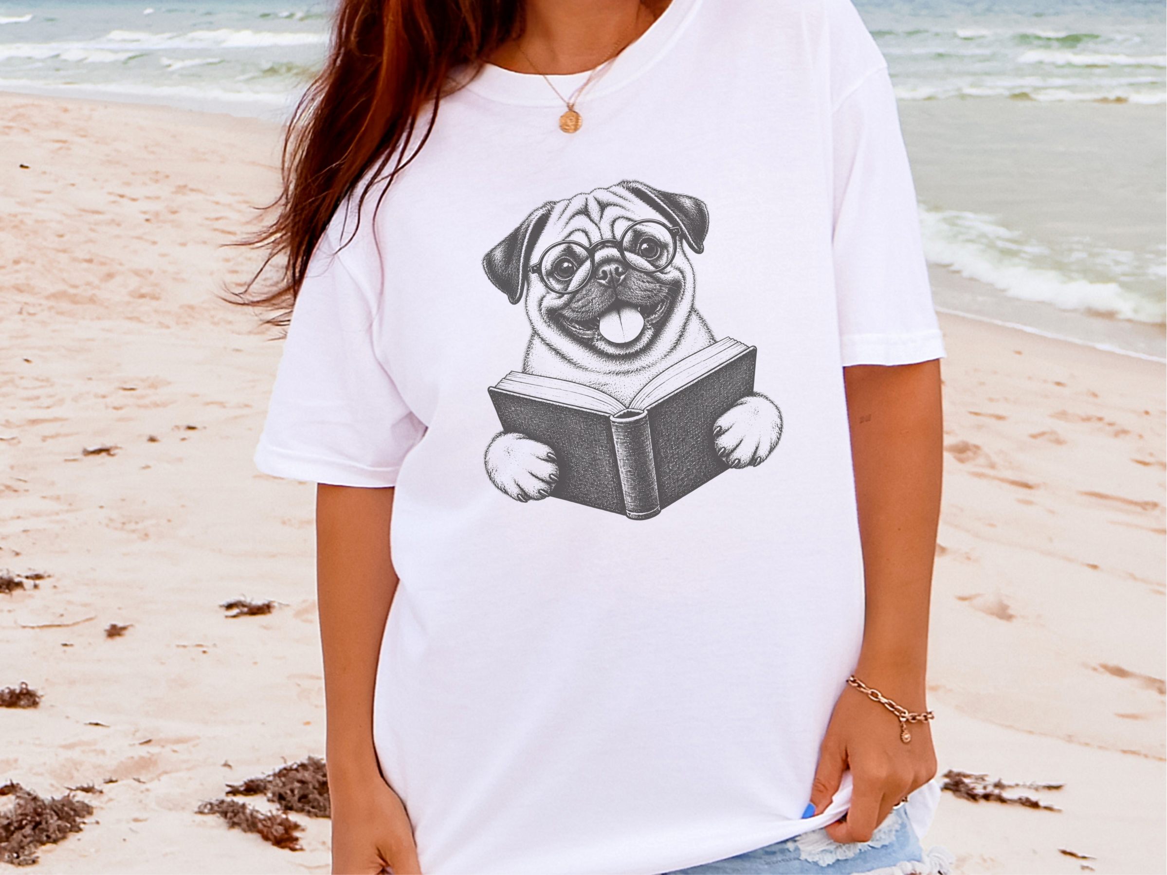 Reading Pug Round Glasses doodle dog shirt - photo 3