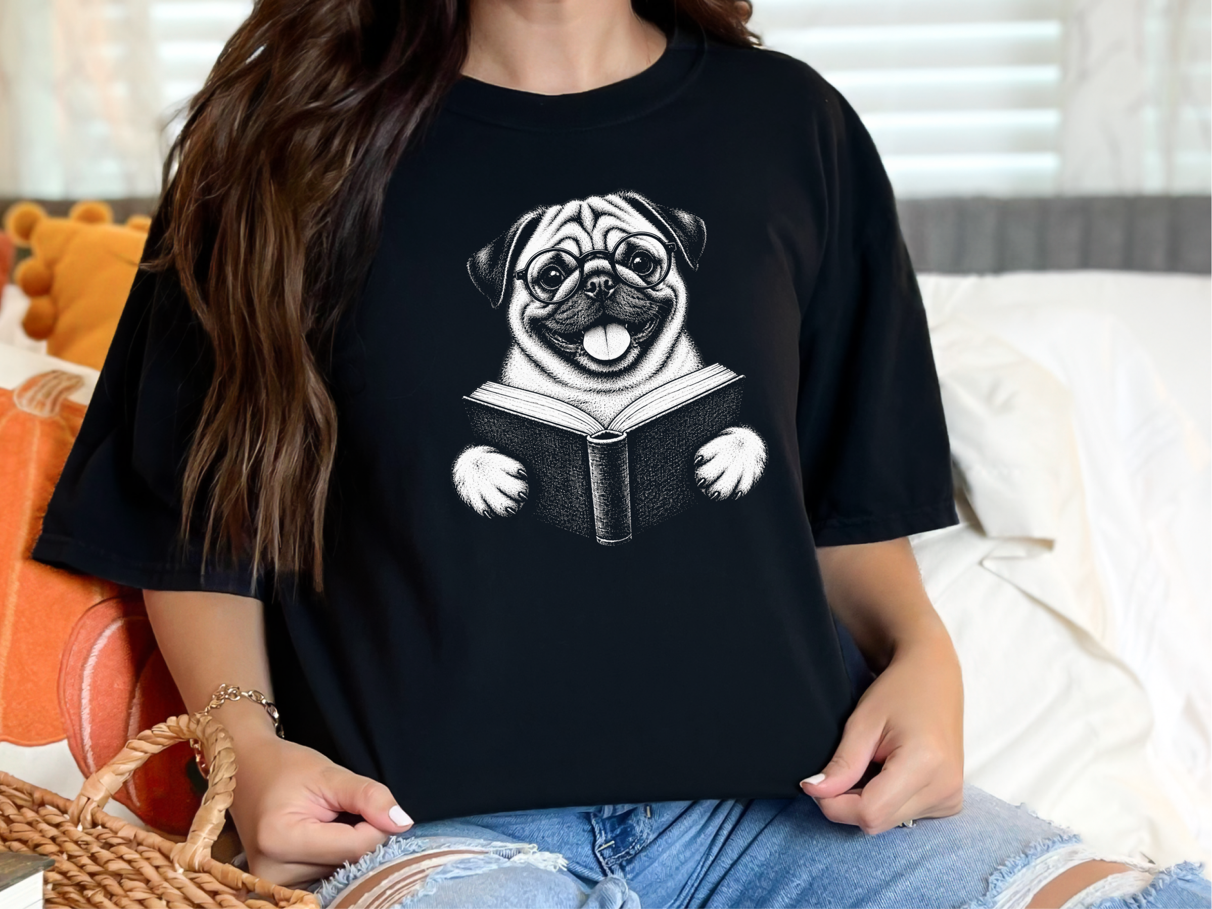 Reading Pug Round Glasses doodle dog shirt - photo 4