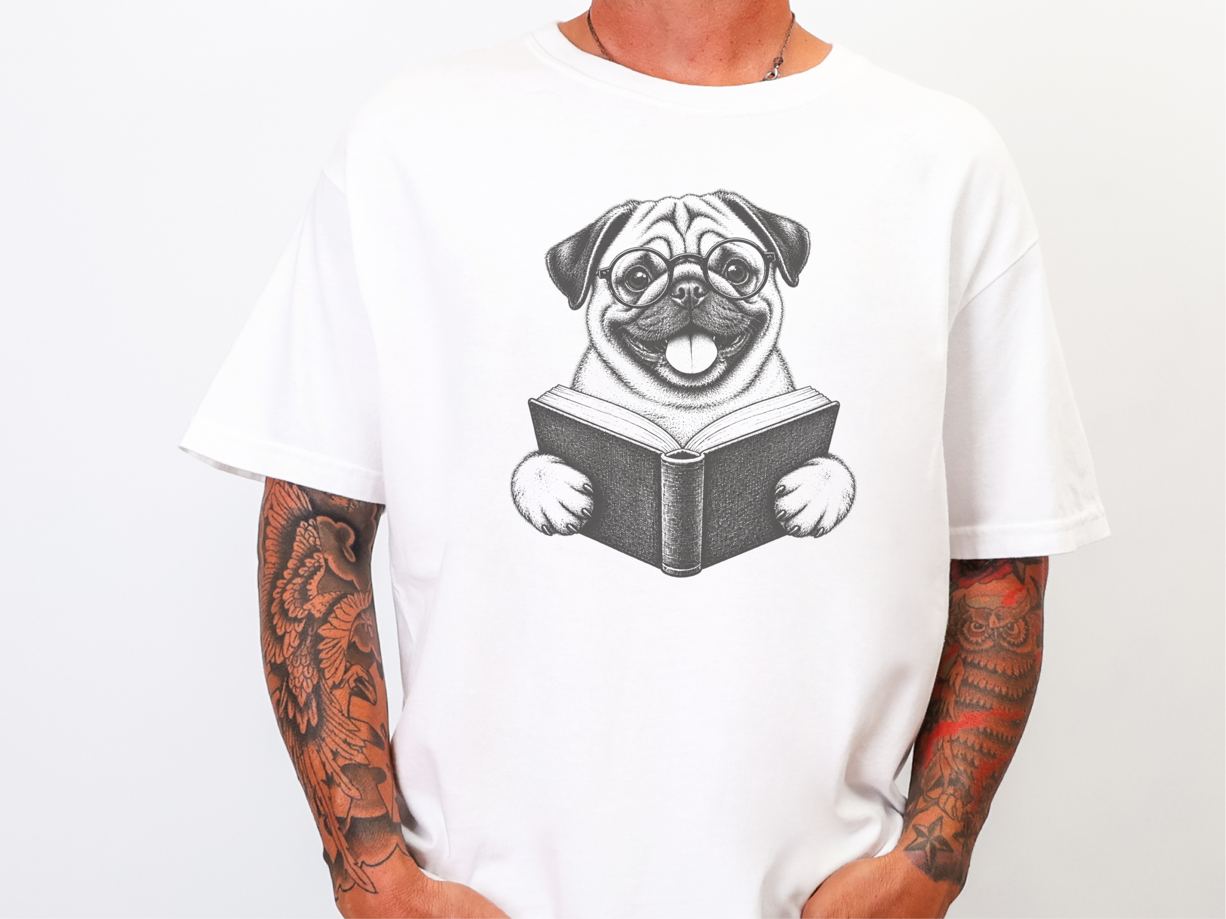 Reading Pug Round Glasses doodle dog shirt - photo 1