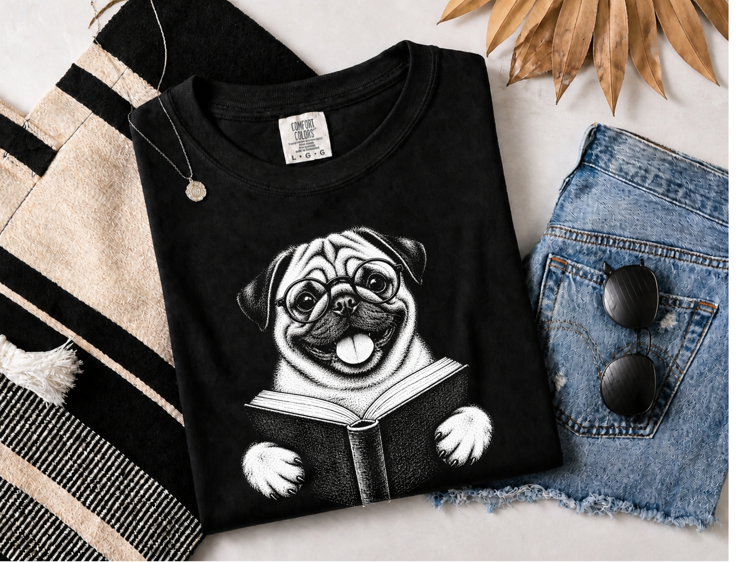 Reading Pug Round Glasses doodle dog shirt - photo 6