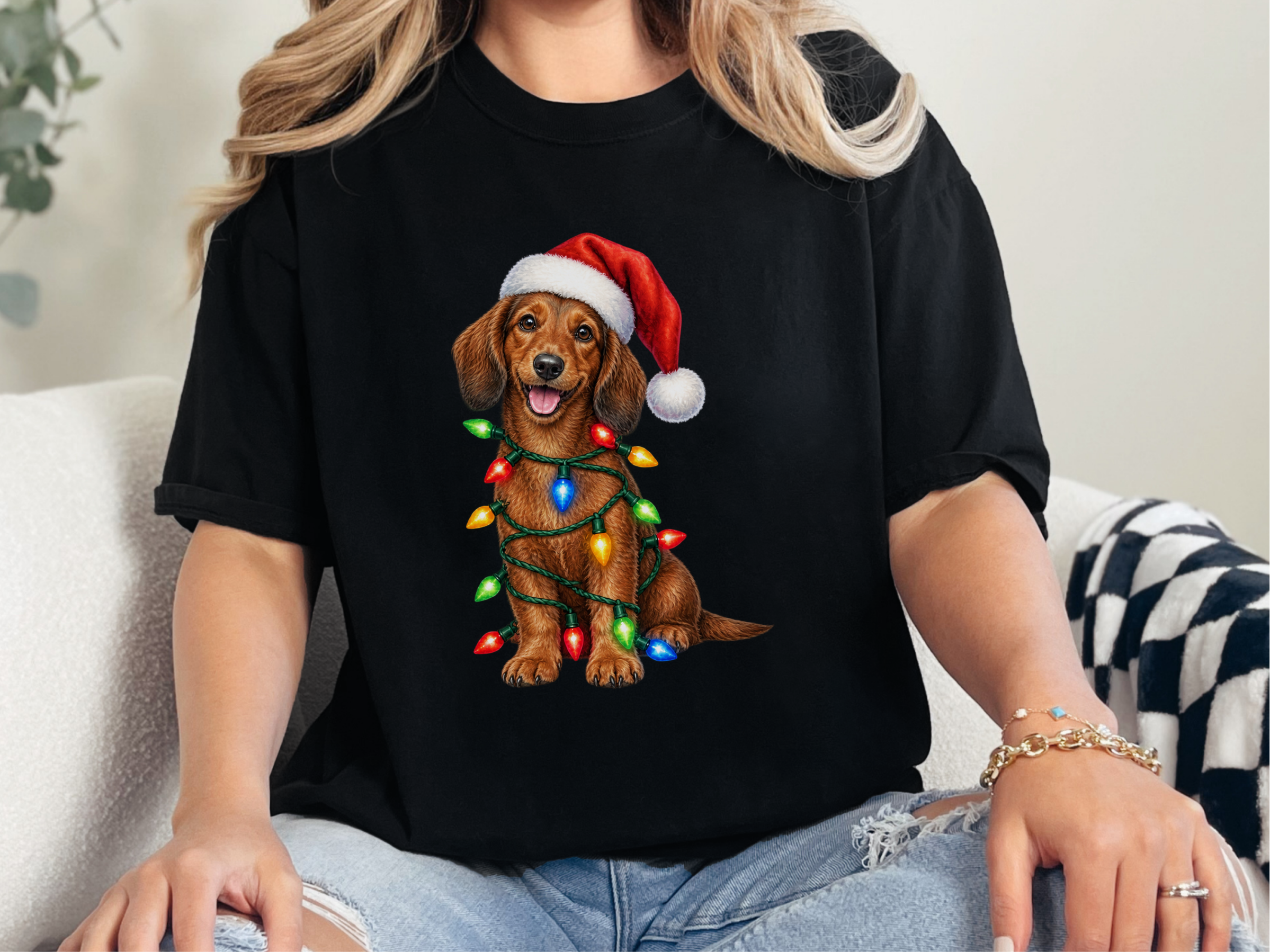 Christmas Dachshund With Holiday Lights doodle dog shirt - photo 4
