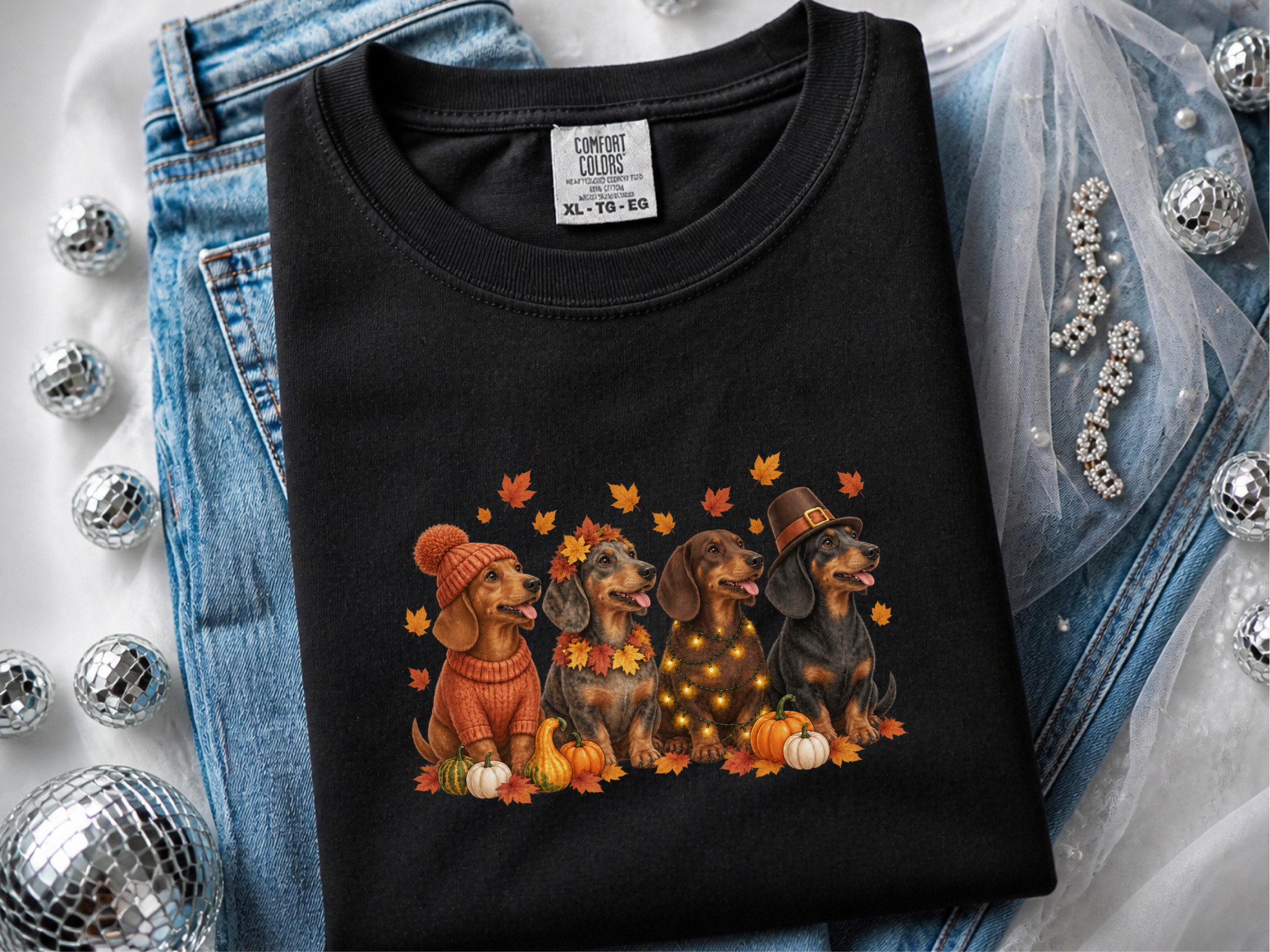 Four Dachshunds Autumn Pumpkins