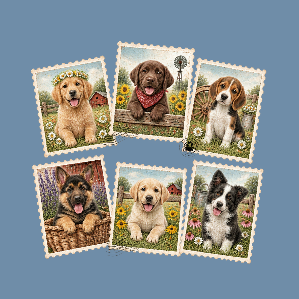 Country Dog Postage Stamps Vintage Comfort Colors Crewneck Shirt