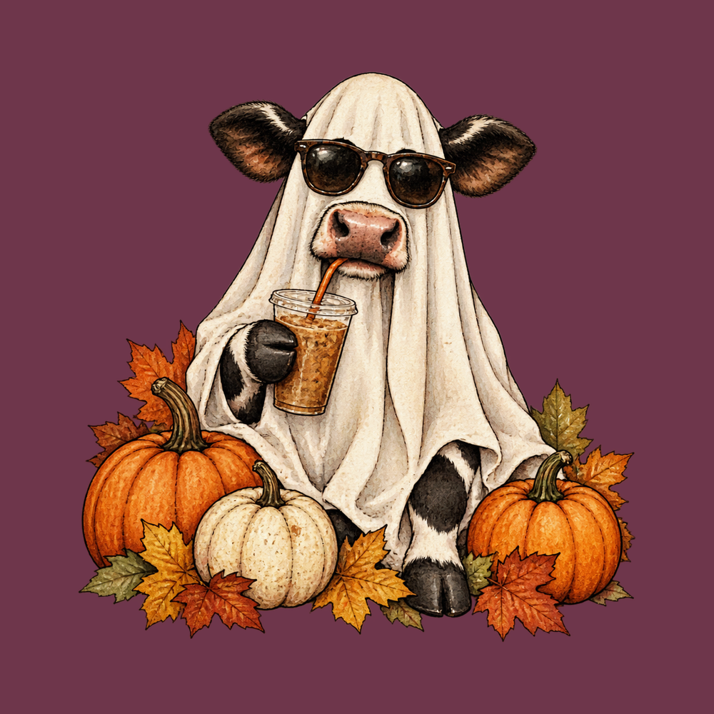 Ghost Cow Iced Coffee Pumpkin Halloween Shirt Cozy Fall Coffee Tee
