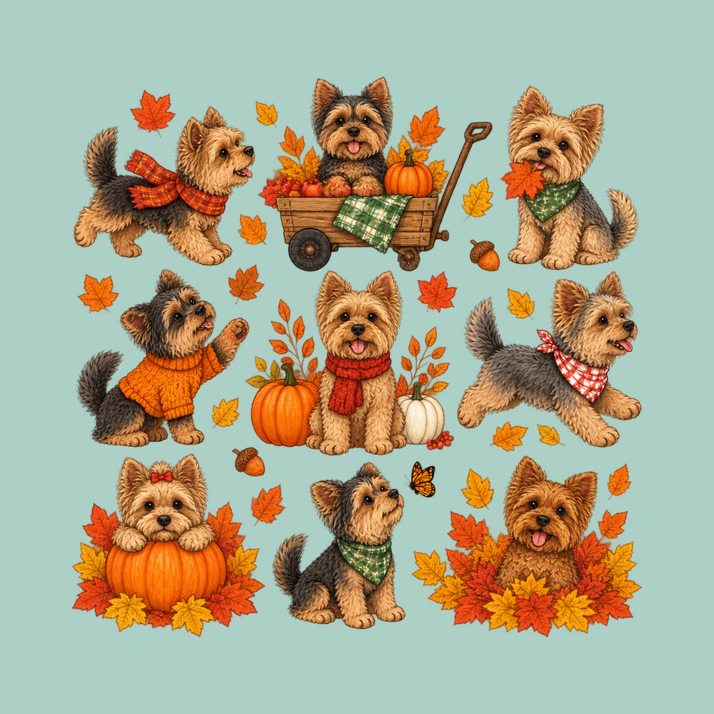 Colorful Yorkies Fall Activities Vintage Wash Crew Neck T-Shirt
