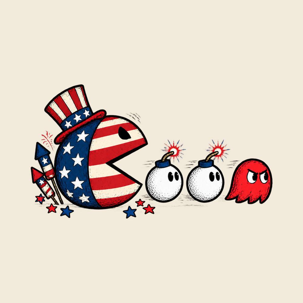 Patriotic Pacman Chasing Lit Bombs Retro Video Game July 4th Shirt