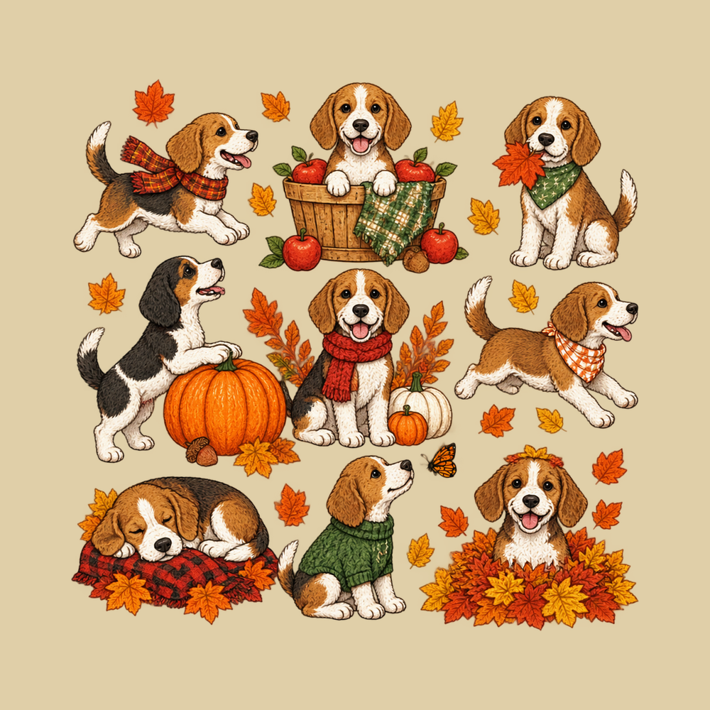 Beagle Fall Activities Cartoon T-Shirt - Cute Autumn Puppy Tee