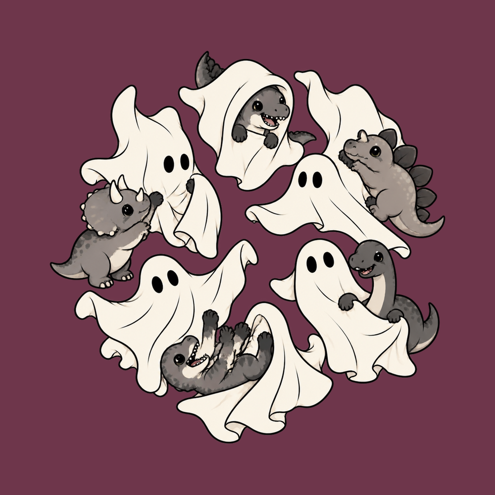 Ghost Playing With Dinosaurs Cute Halloween Tee Prehistoric Gift