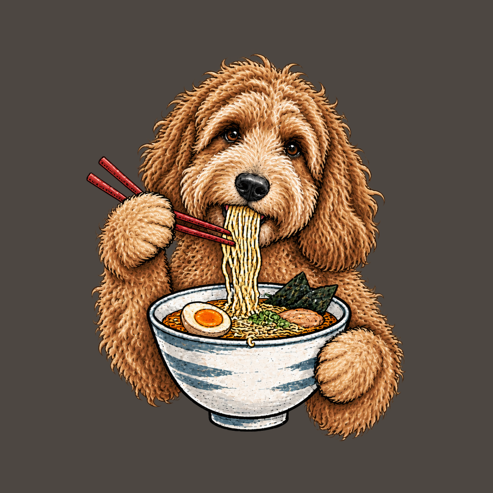 Labradoodle Eating Ramen Bowl T Shirt - Food Humor Dog Lover Tee