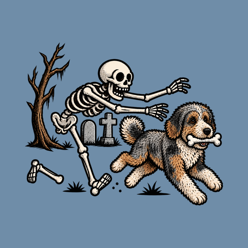 Skeleton Chasing Aussiedoodle Dog Spooky Season Halloween Shirt
