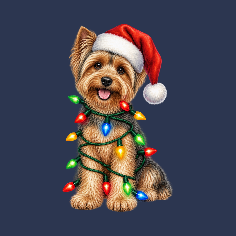 Yorkie Wrapped In Christmas Lights T-Shirt - Christmas Yorkie Gift