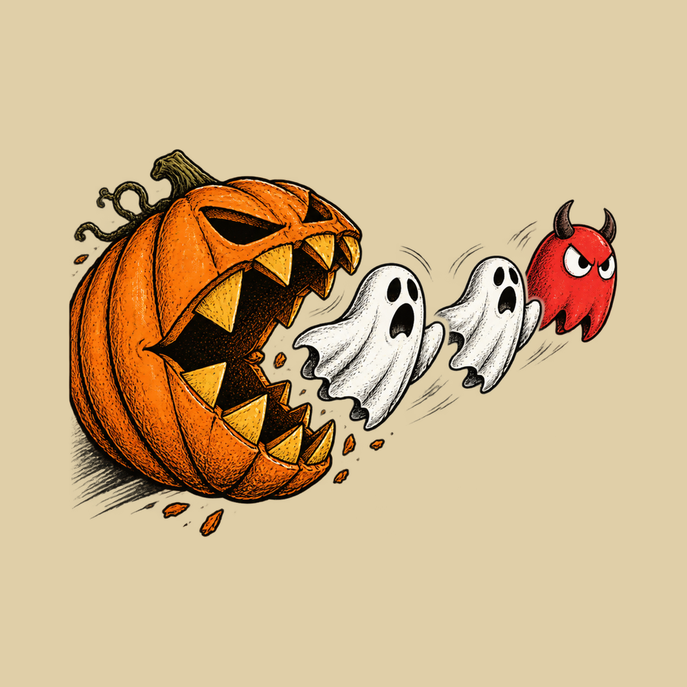 Pumpkin Eating Ghost Pacman Villain Halloween Gaming Gift Shirt