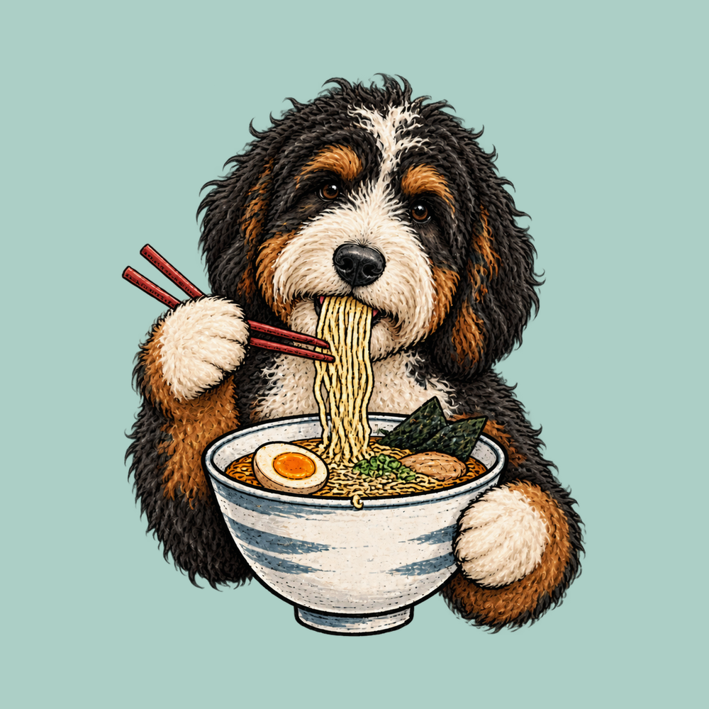 Bernedoodle Eating Ramen Noodles T-Shirt Funny Doodle Lover Gift