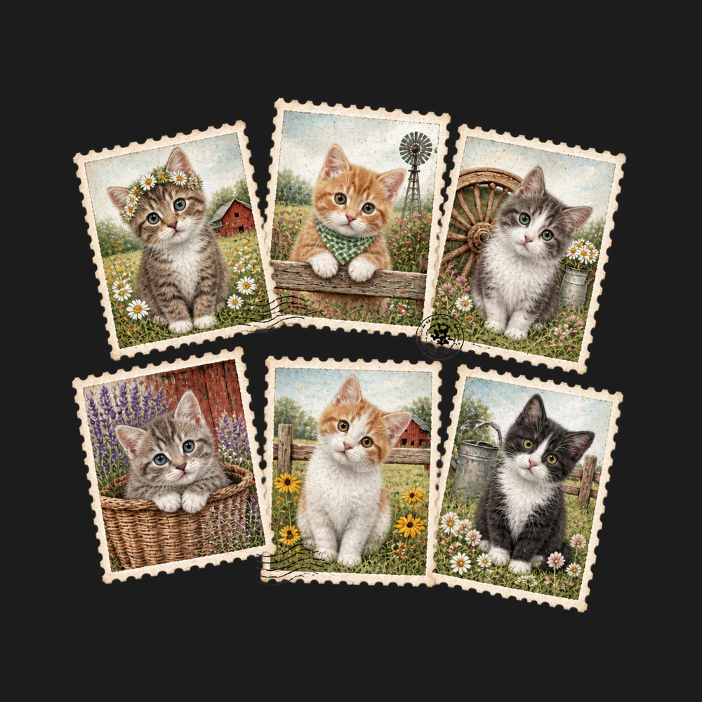 Vintage Country Cats Stamps Comfort Colors 1717 Graphic T-Shirt