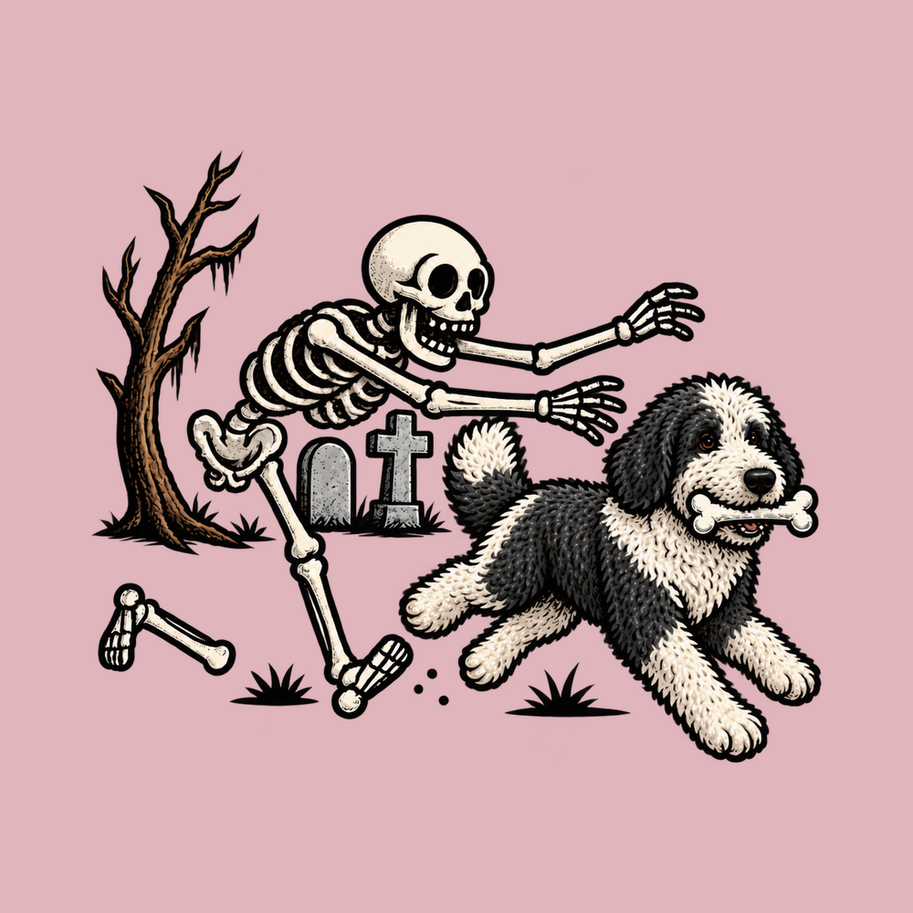 Sheepadoodle Skeleton Bone Thief Halloween Dog Shirt Spooky Dog Tee