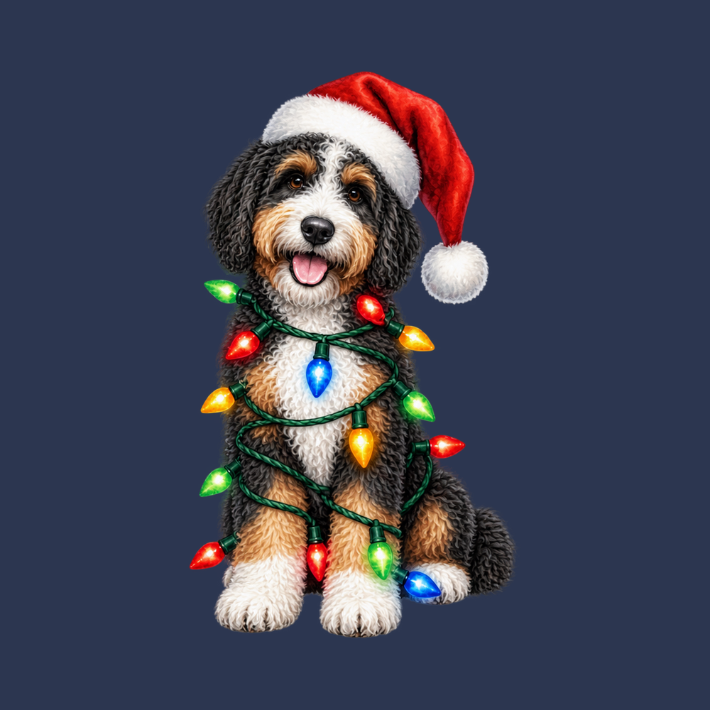 Bernedoodle Christmas Lights Santa Hat T-Shirt | Christmas Dog Shirt